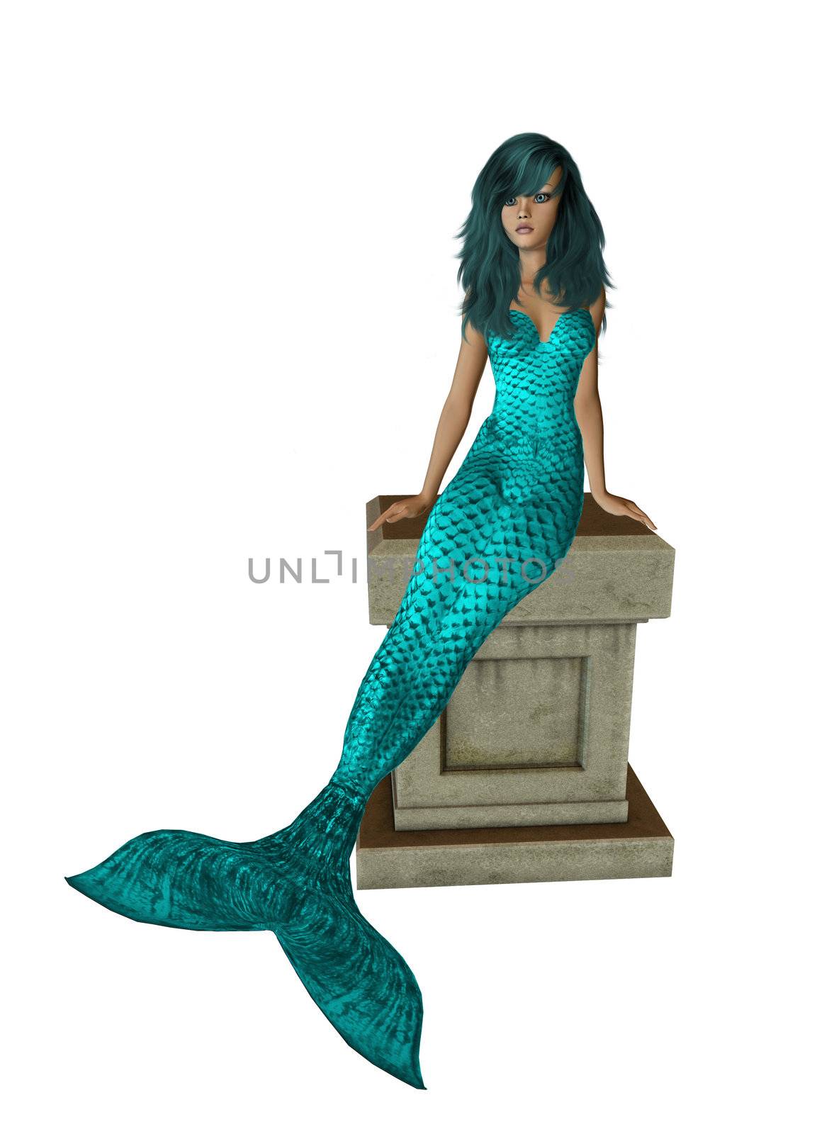 Aqua haired mermaid sitting on a pedestal 300 dpi