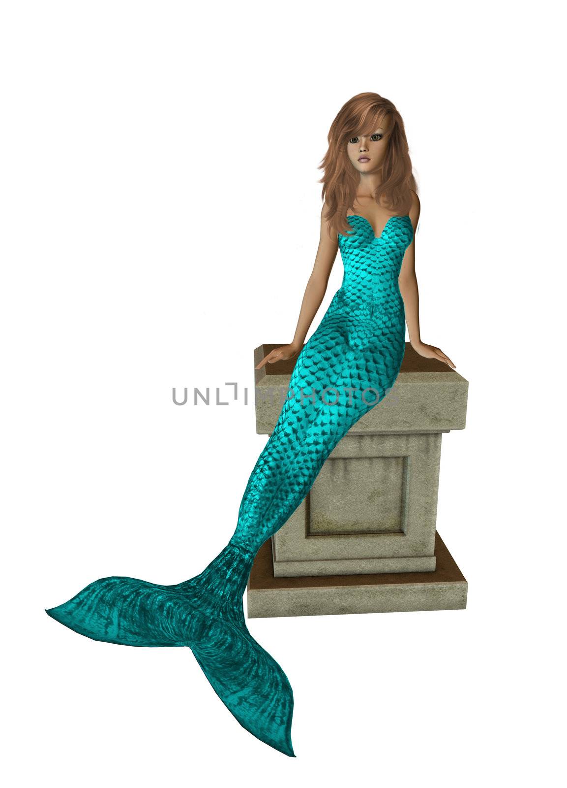 Aqua mermaid sitting on a pedestal 300 dpi