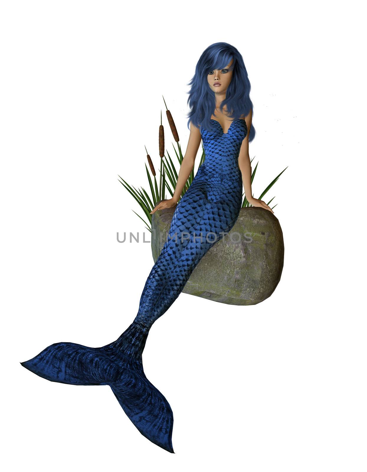 Blue Mermaid Sitting On A Rock by kathygold