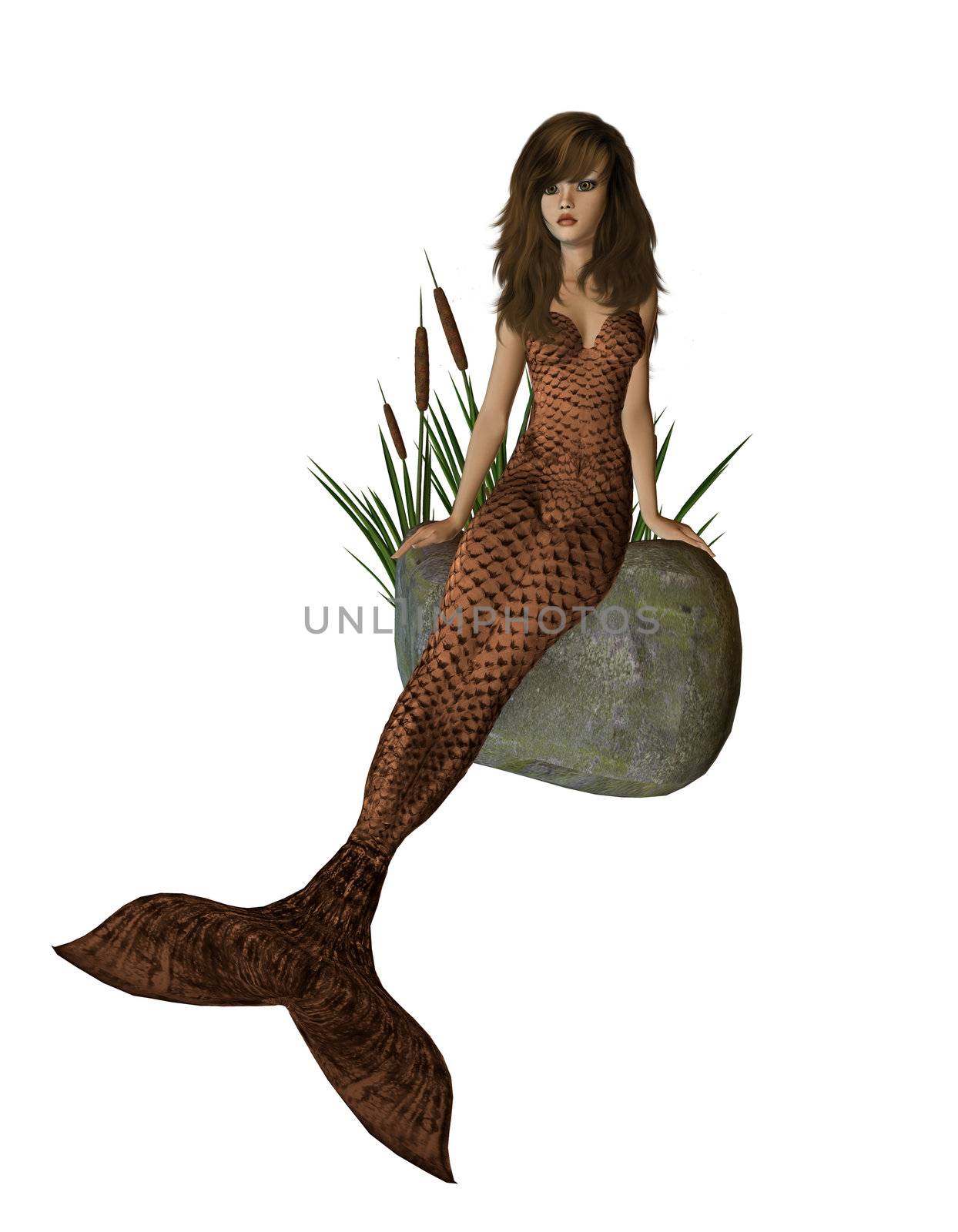 Brown Mermaid Sitting On A Rock by kathygold