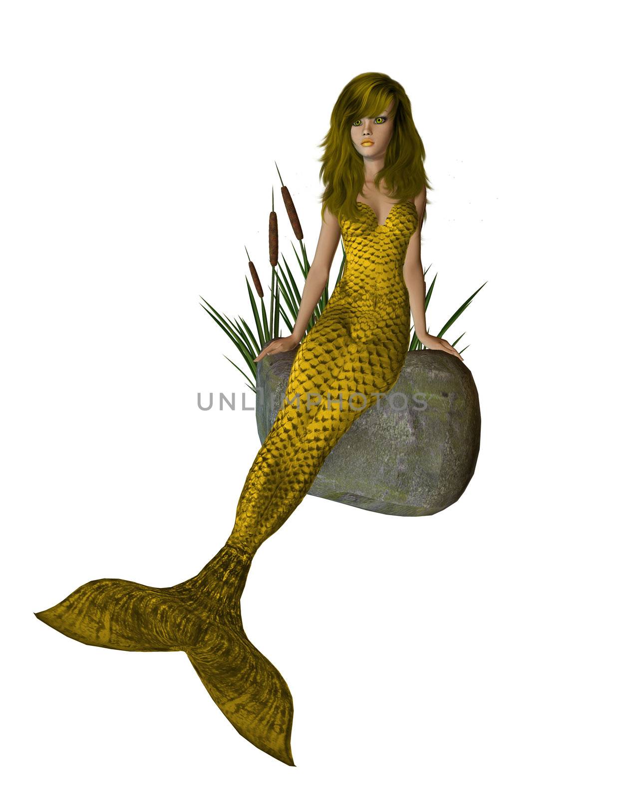 Gold mermaid sitting on a rock with cattails 300 dpi