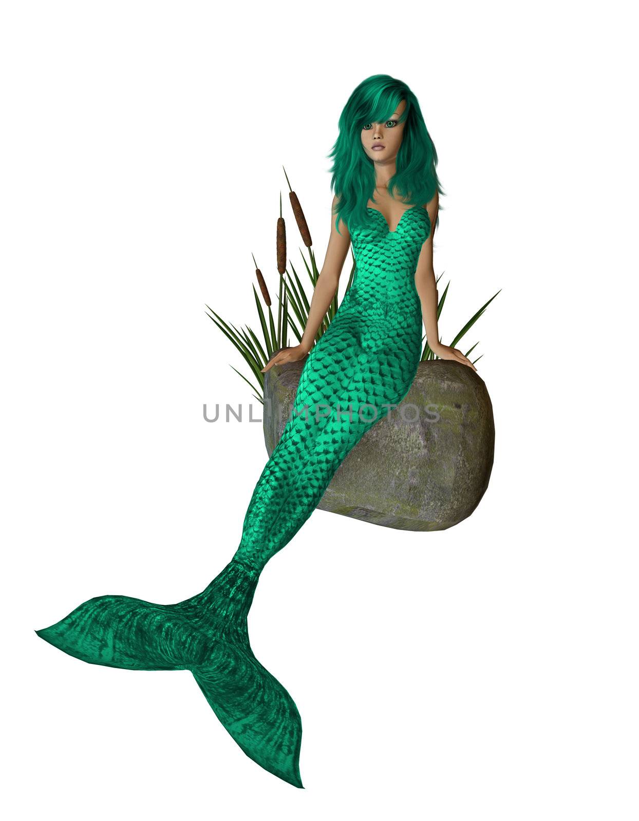 Green Mermaid Sitting On A Rock by kathygold