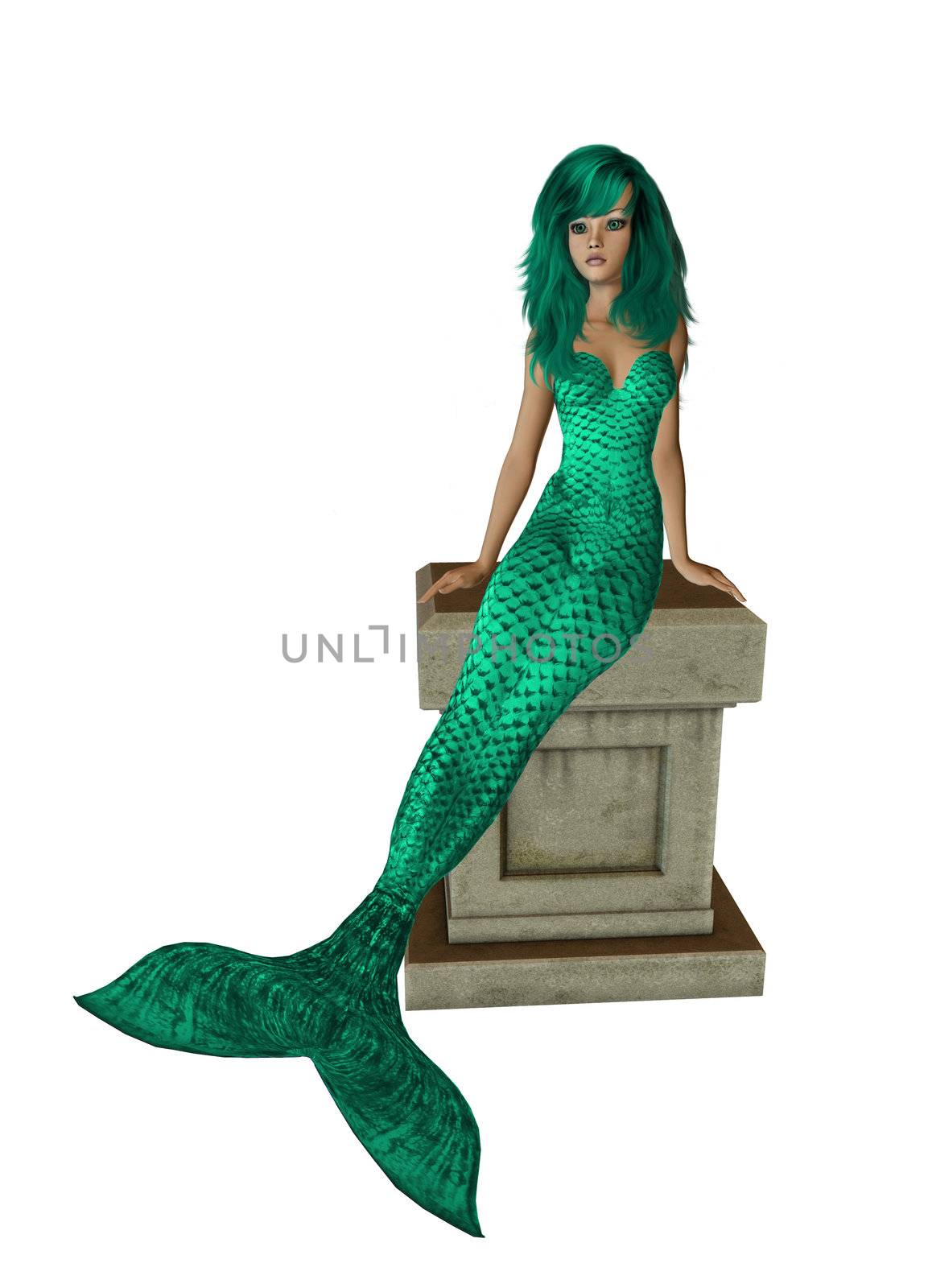 Green mermaid sitting on a pedestal 300 dpi