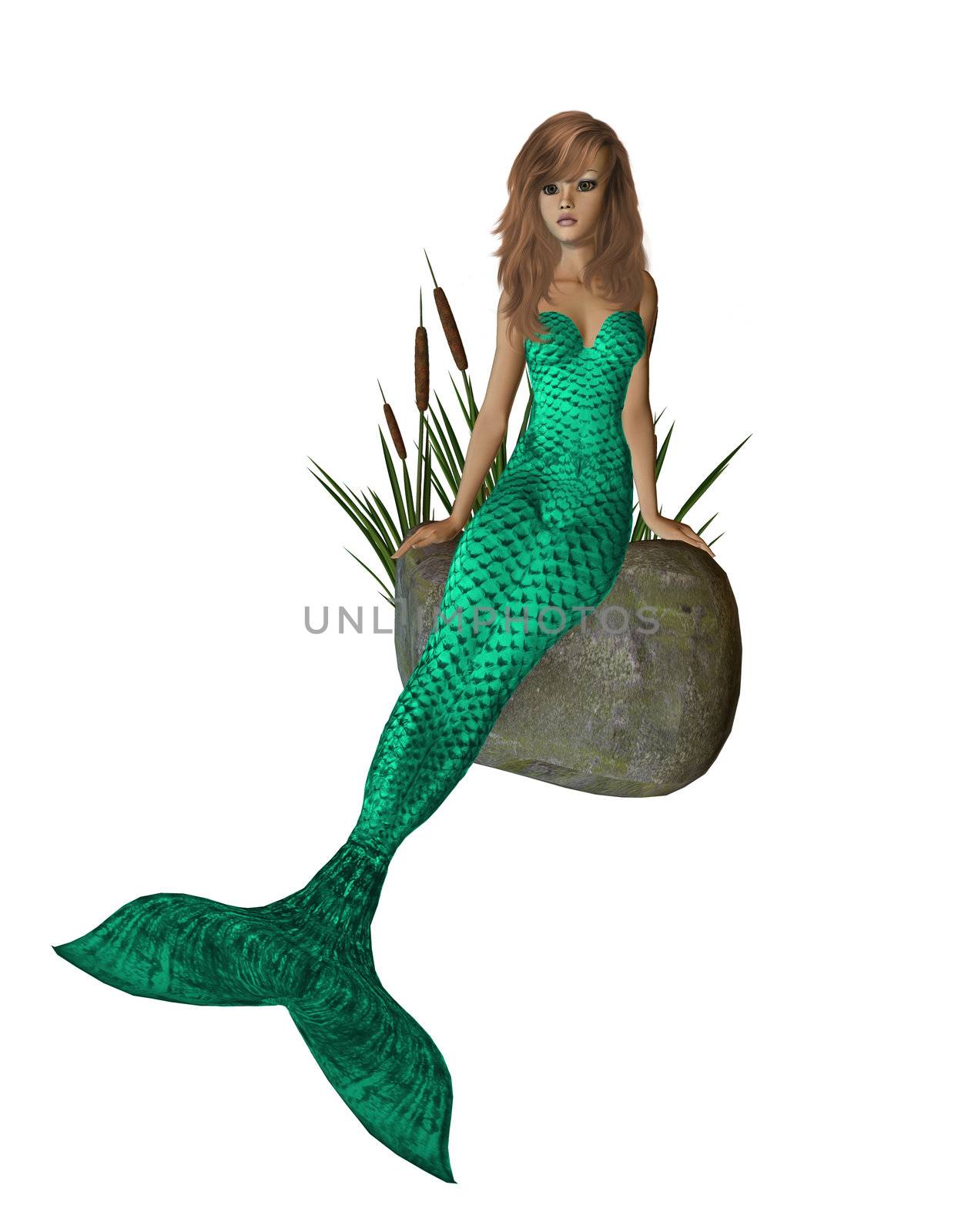 Green Mermaid Sitting On A Rock by kathygold