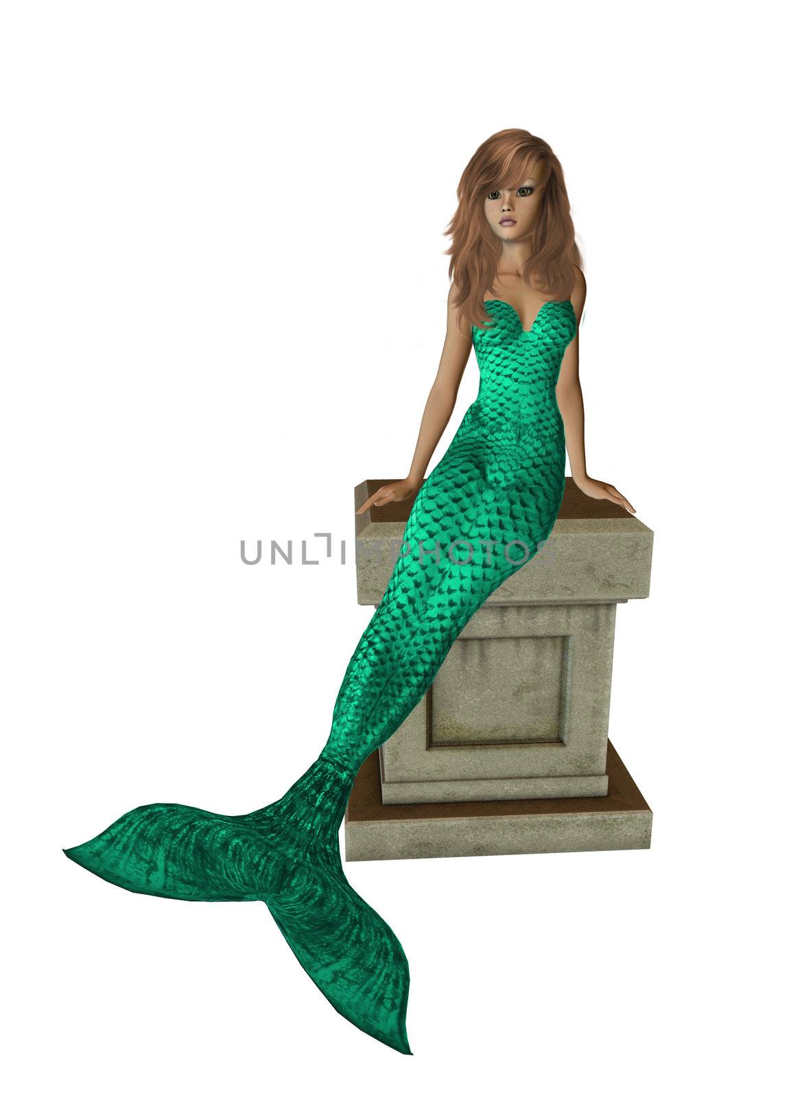 Green mermaid sitting on a pedestal 300 dpi