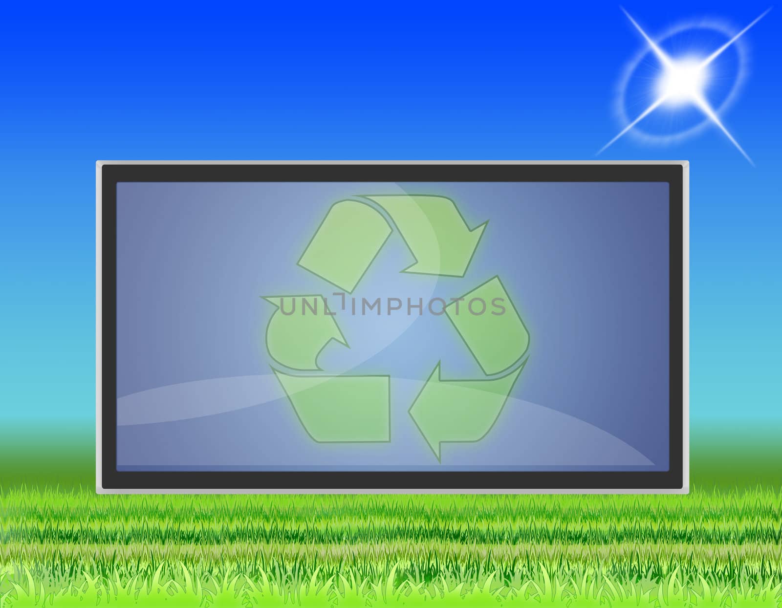 lawn with LCD TV that transmits symbols of ecology
