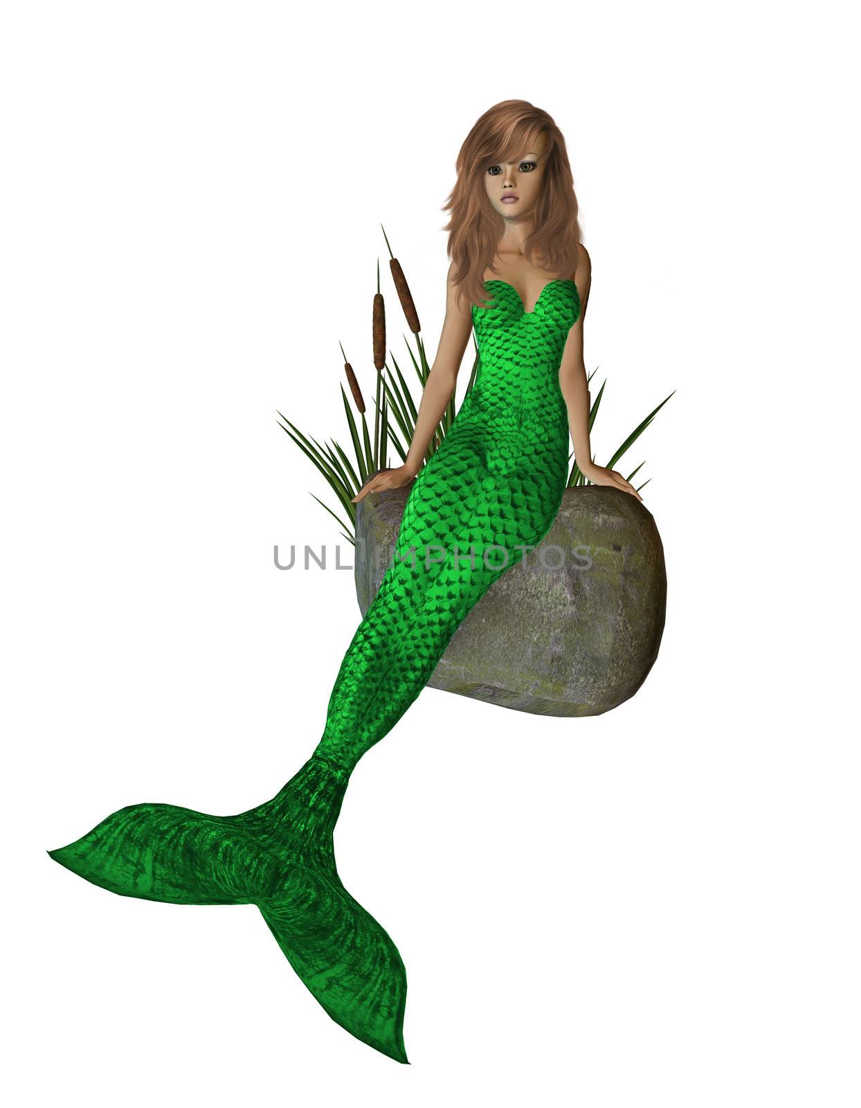 Lime green mermaid sitting on a rock with cattails 300 dpi