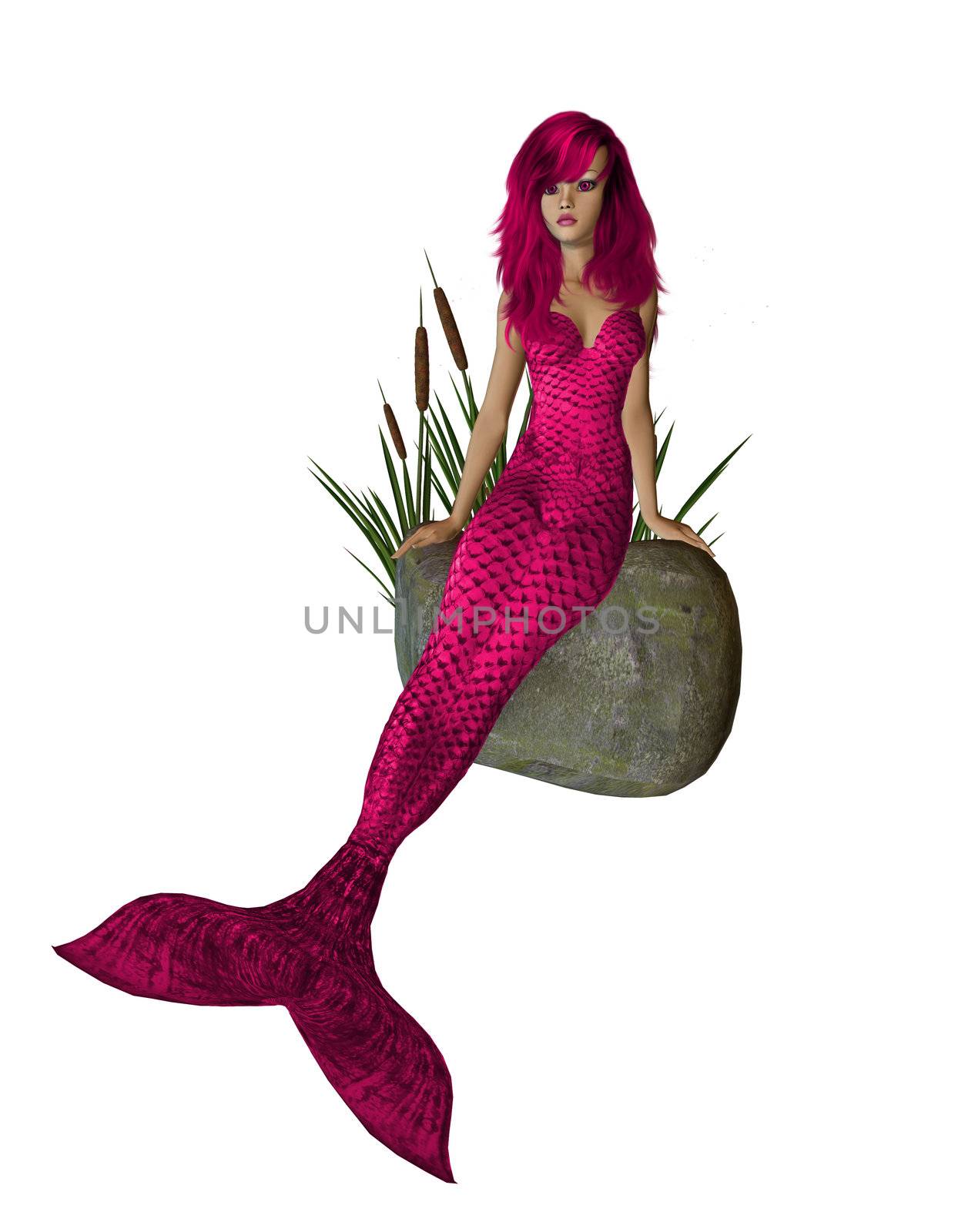 Pink Mermaid Sitting On A Rock by kathygold