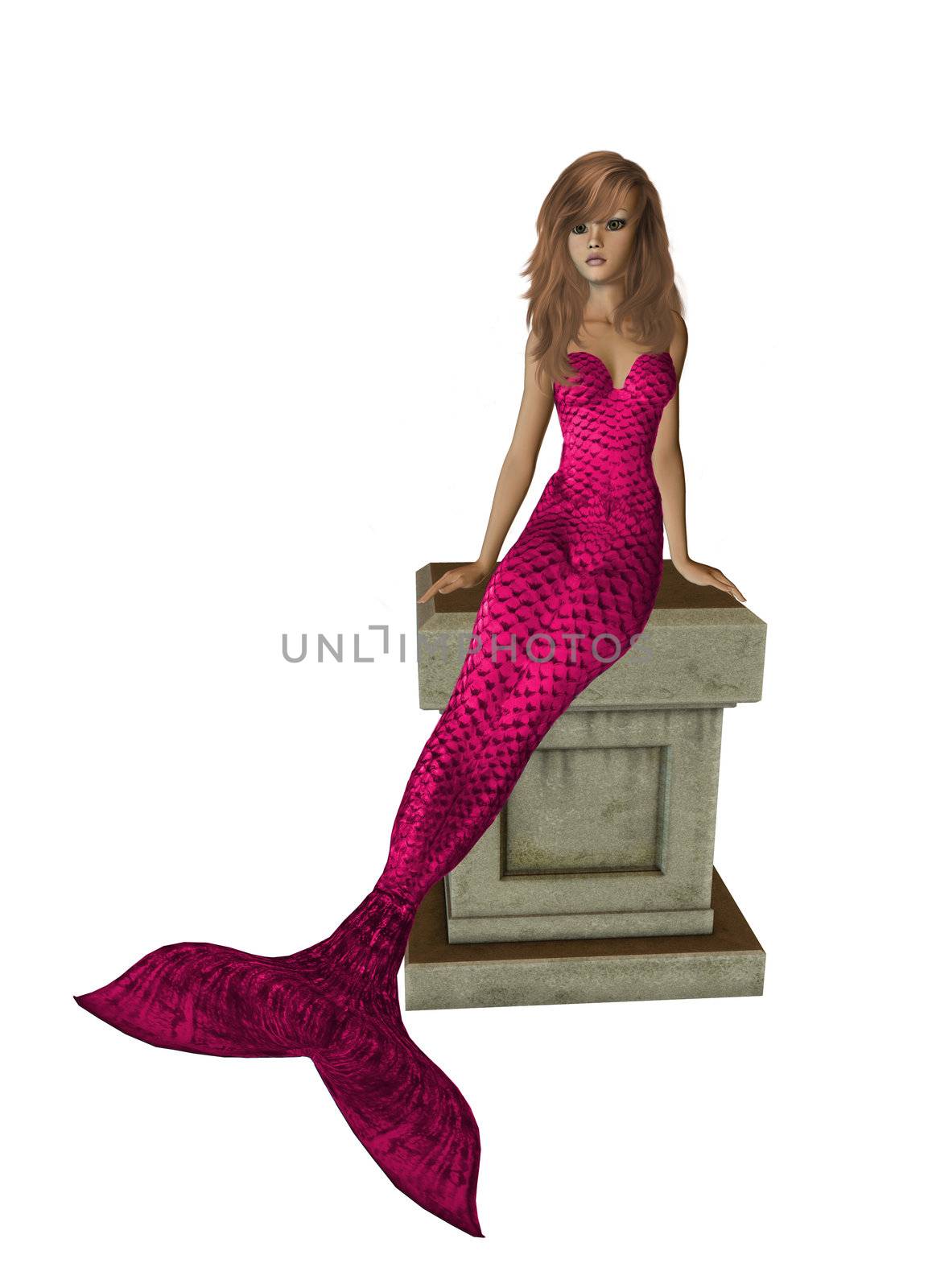 Pink mermaid sitting on a pedestal 300 dpi