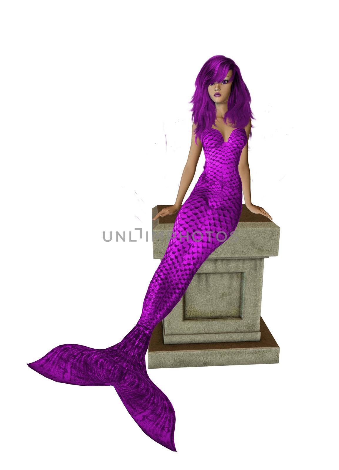 Purple mermaid sitting on a pedestal 300 dpi