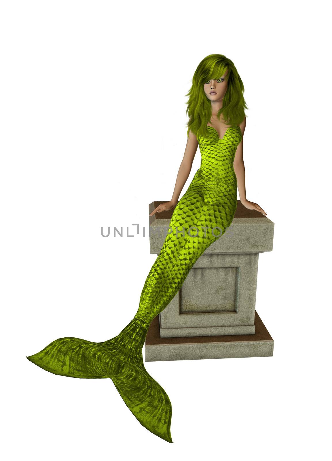 Yellow mermaid sitting on a pedestal 300 dpi