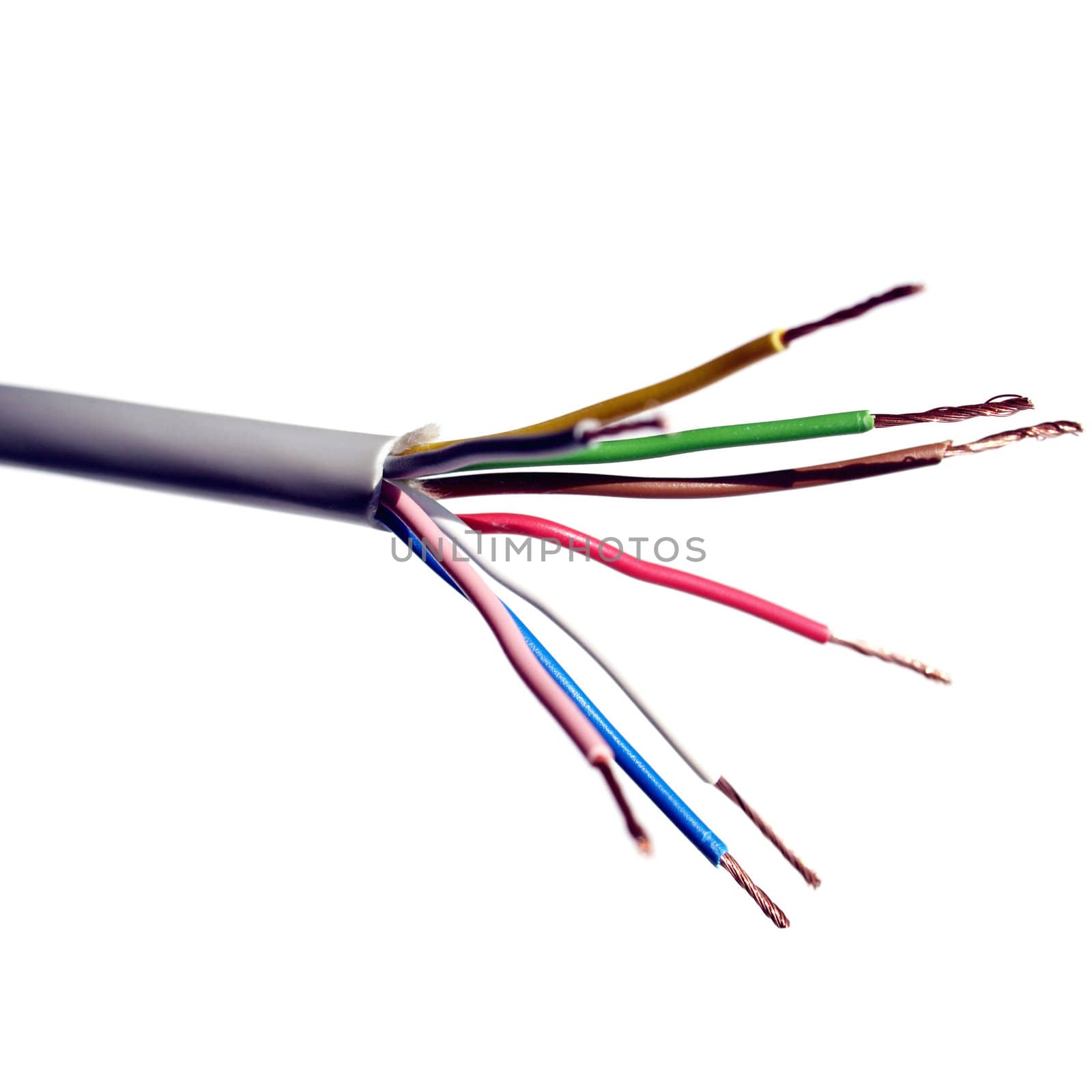 Coloured electric wires over a white background