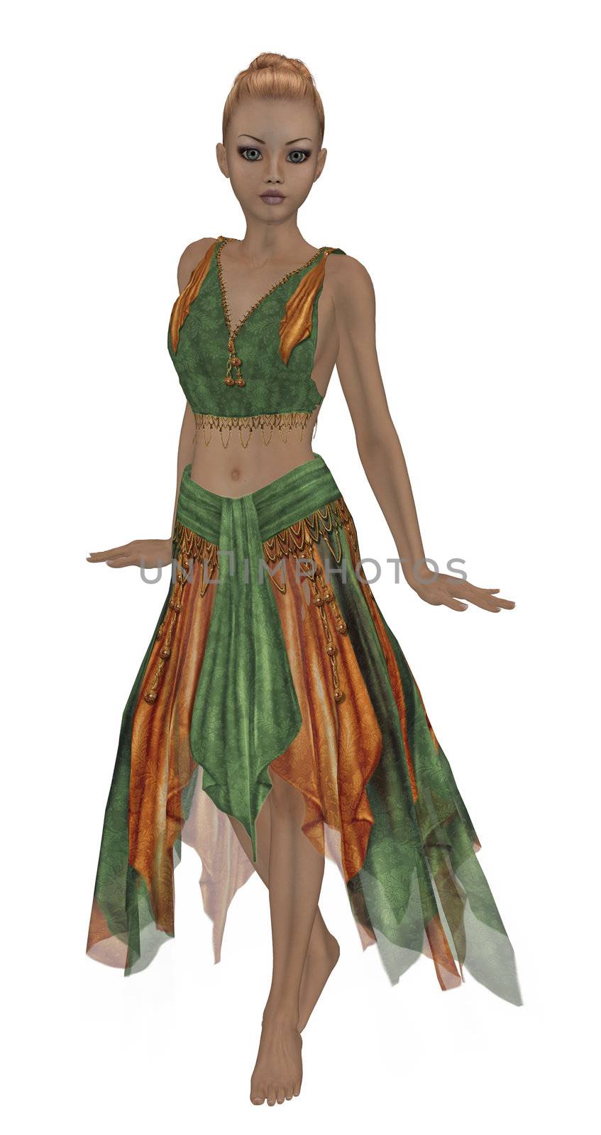 Orange and green fairy standing up