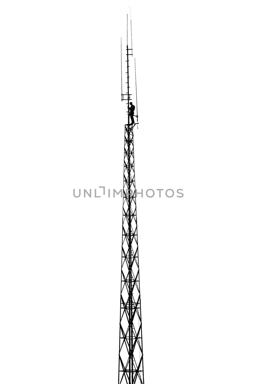 Technical inspection on a mast with antennas, white background