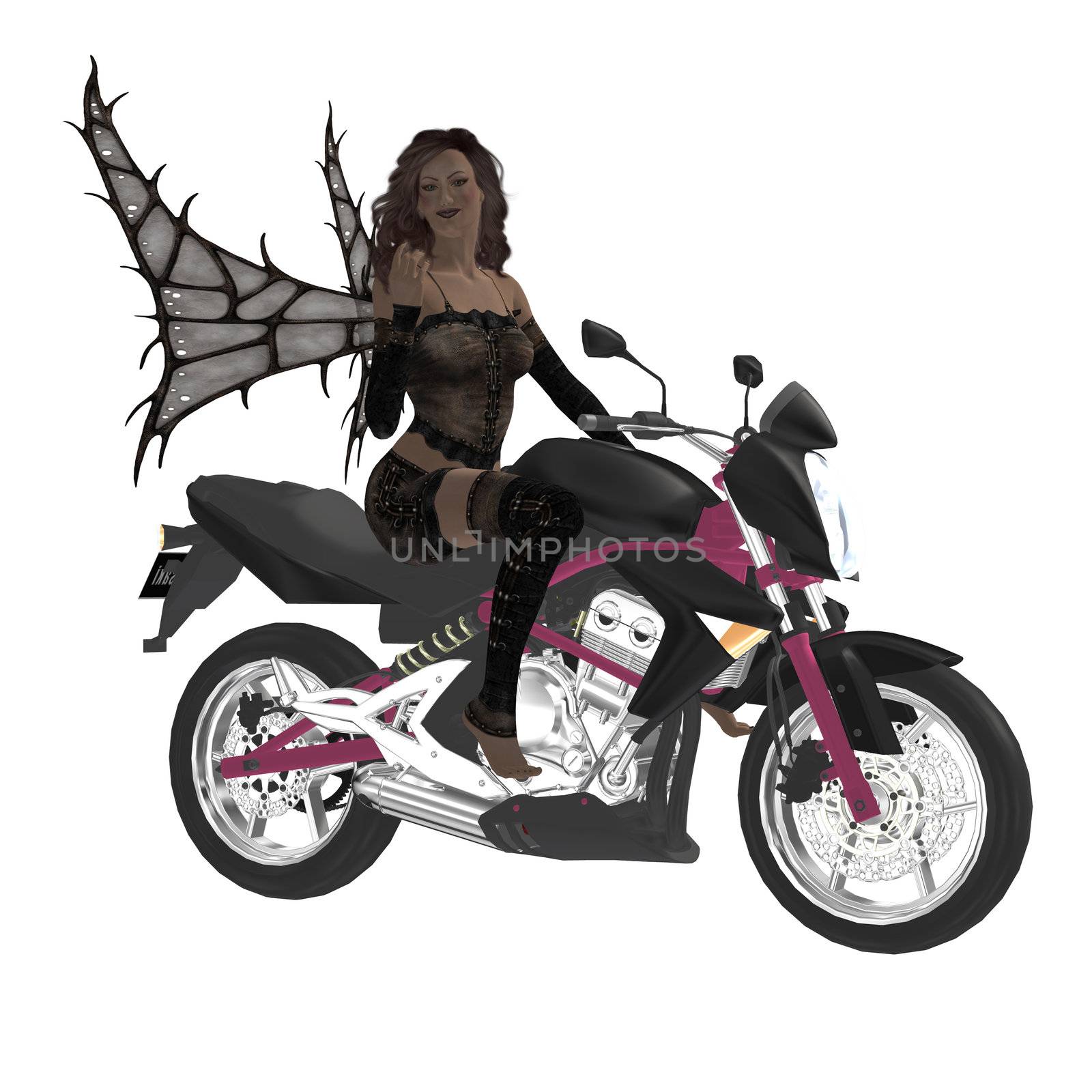 Fairy sitting on top of a motorcycle