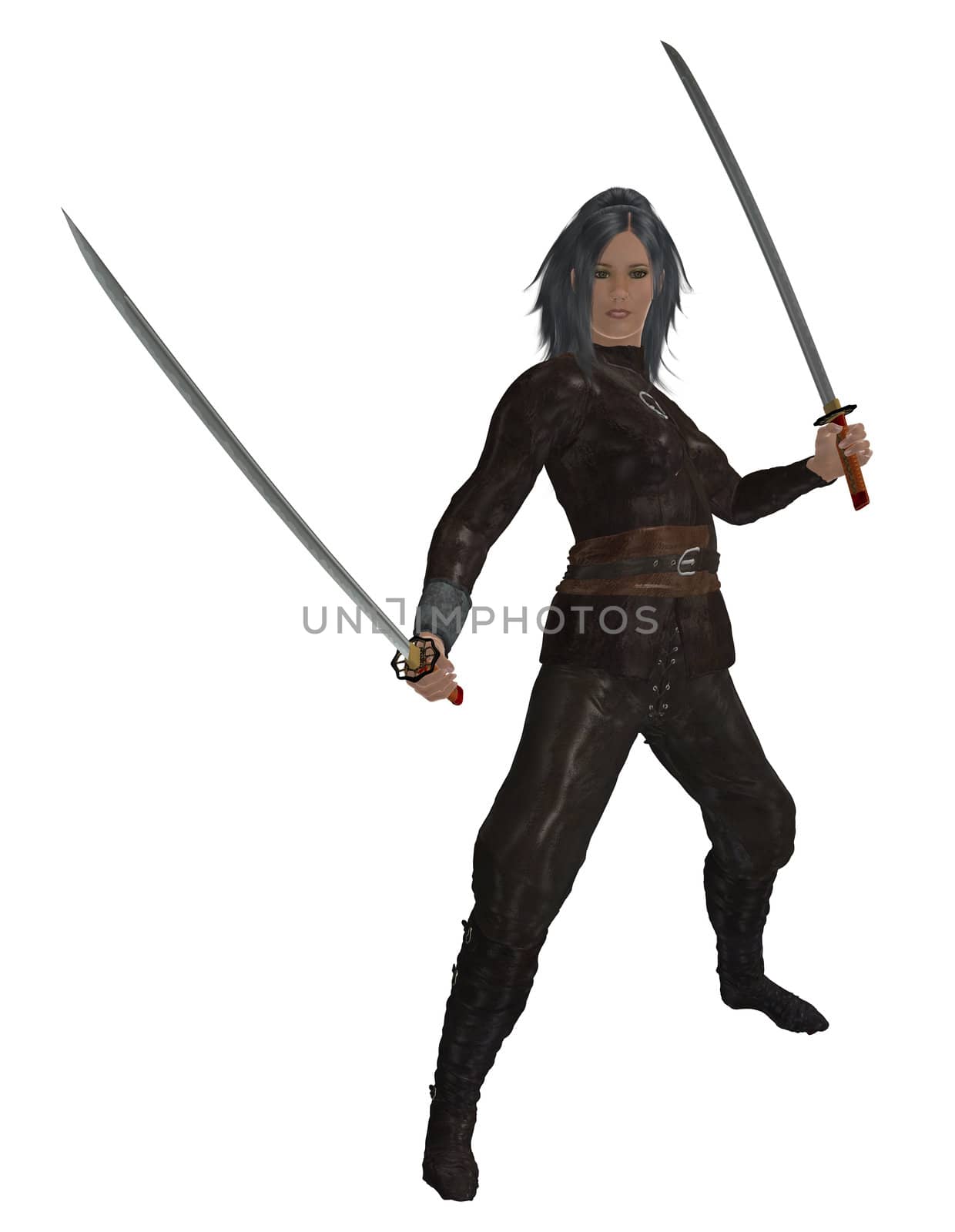 Woman standing holding two swords