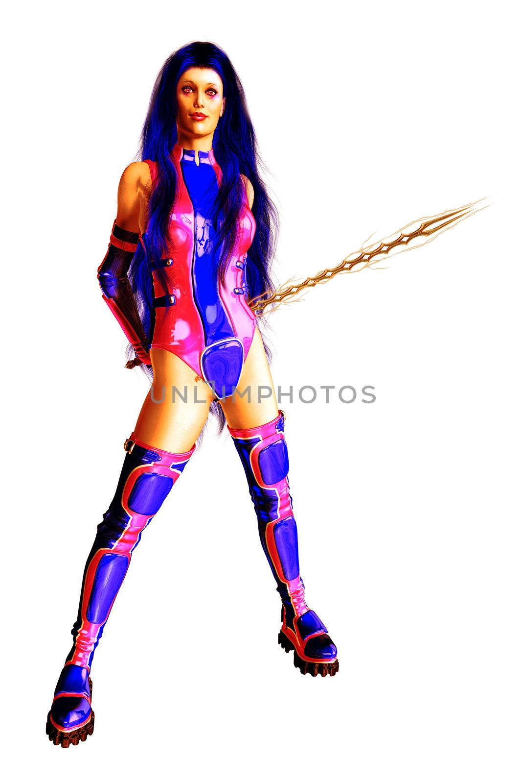 Blue haired science fiction woman warrior with baby blue and baby pink sci fi outfit holding a sword
