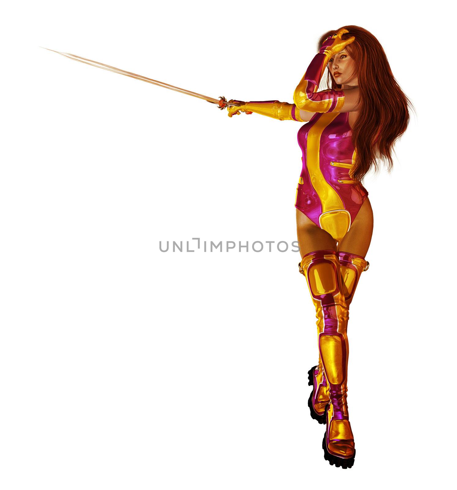 Auburn haired science fiction woman warrior with golden and fushia pink sci fi outfit holding a sword