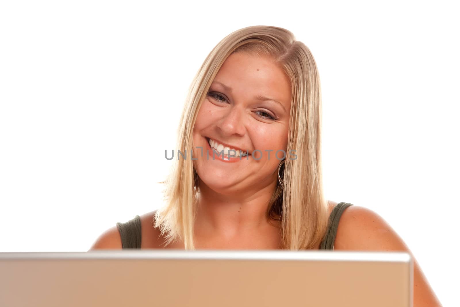 Beautiful Smiling Blonde Woman Using Laptop by Feverpitched