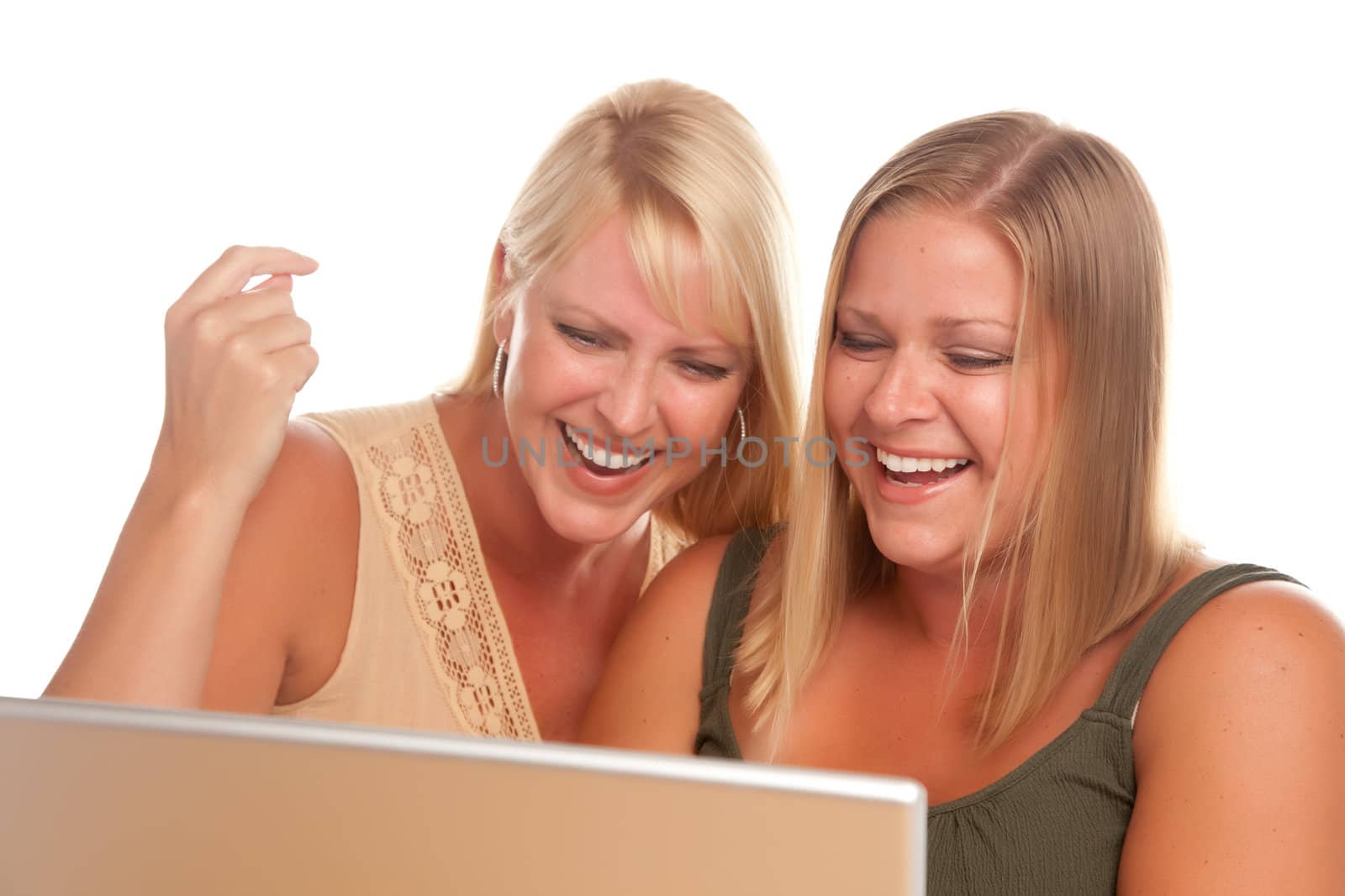 Two Laughing Women Using Laptop Isolated on a White Background.