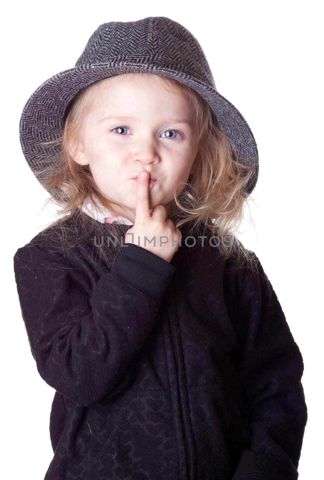 An isolationg of a cute girl on white.  She has her finger over her lips and is asking a question.