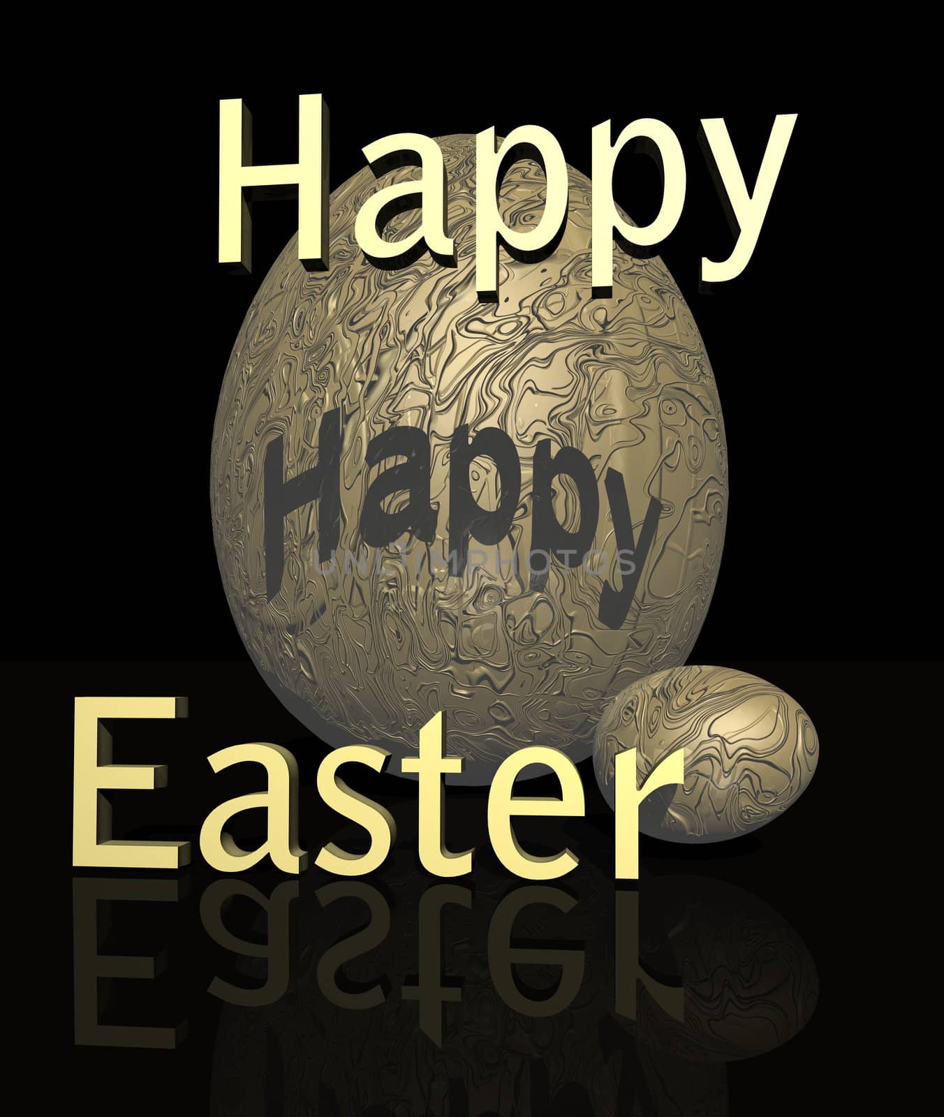 Two golden eggs, a big and a small, behind "happy easter" in black background