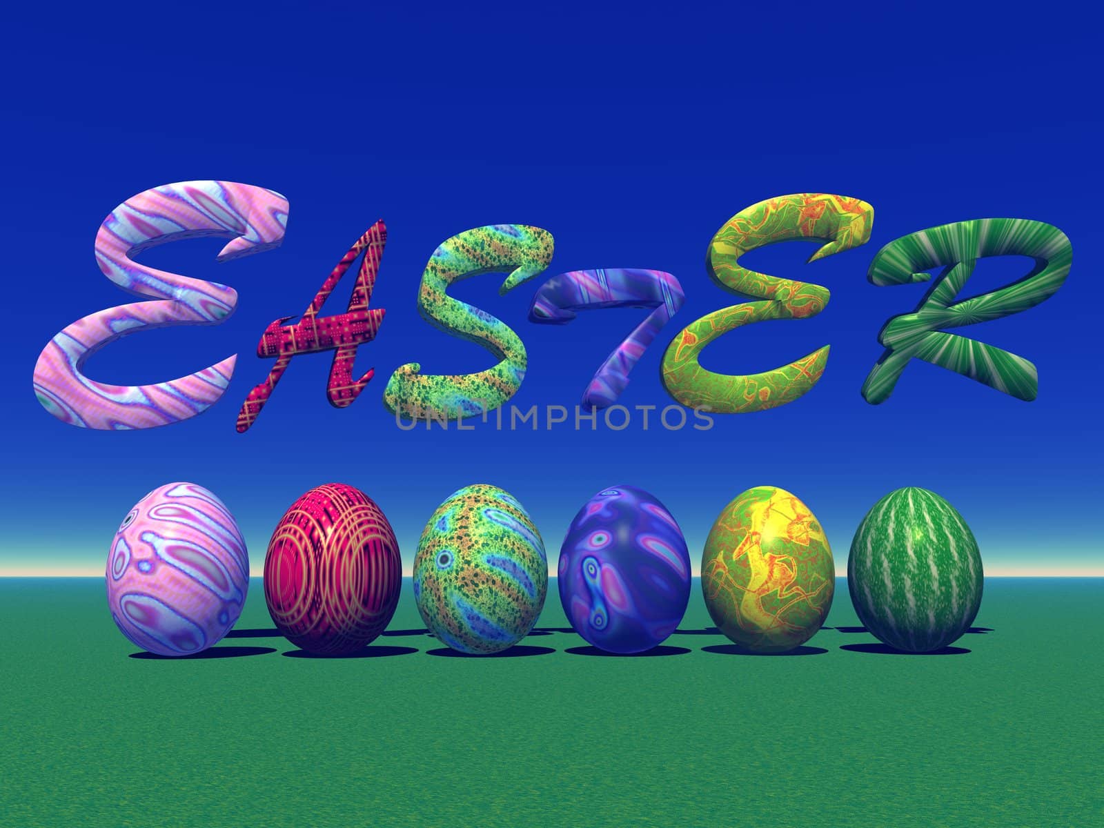 Six colored eggs for easter under easter letters in the grass and with blue sky
