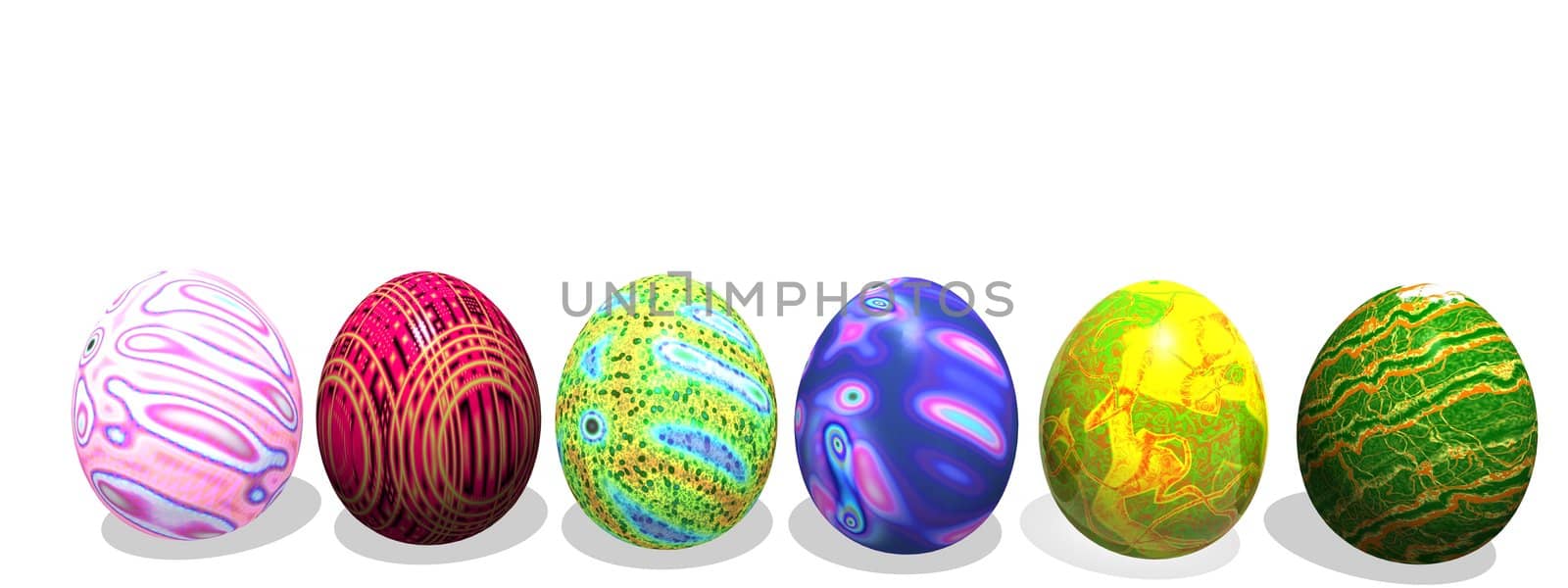 Six colored eggs for easter with their shadows in white background