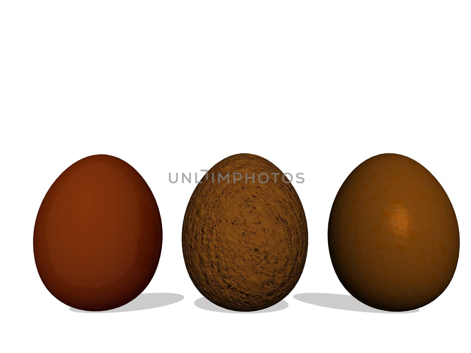 Three easter eggs made of chocolate with their shadows in white background