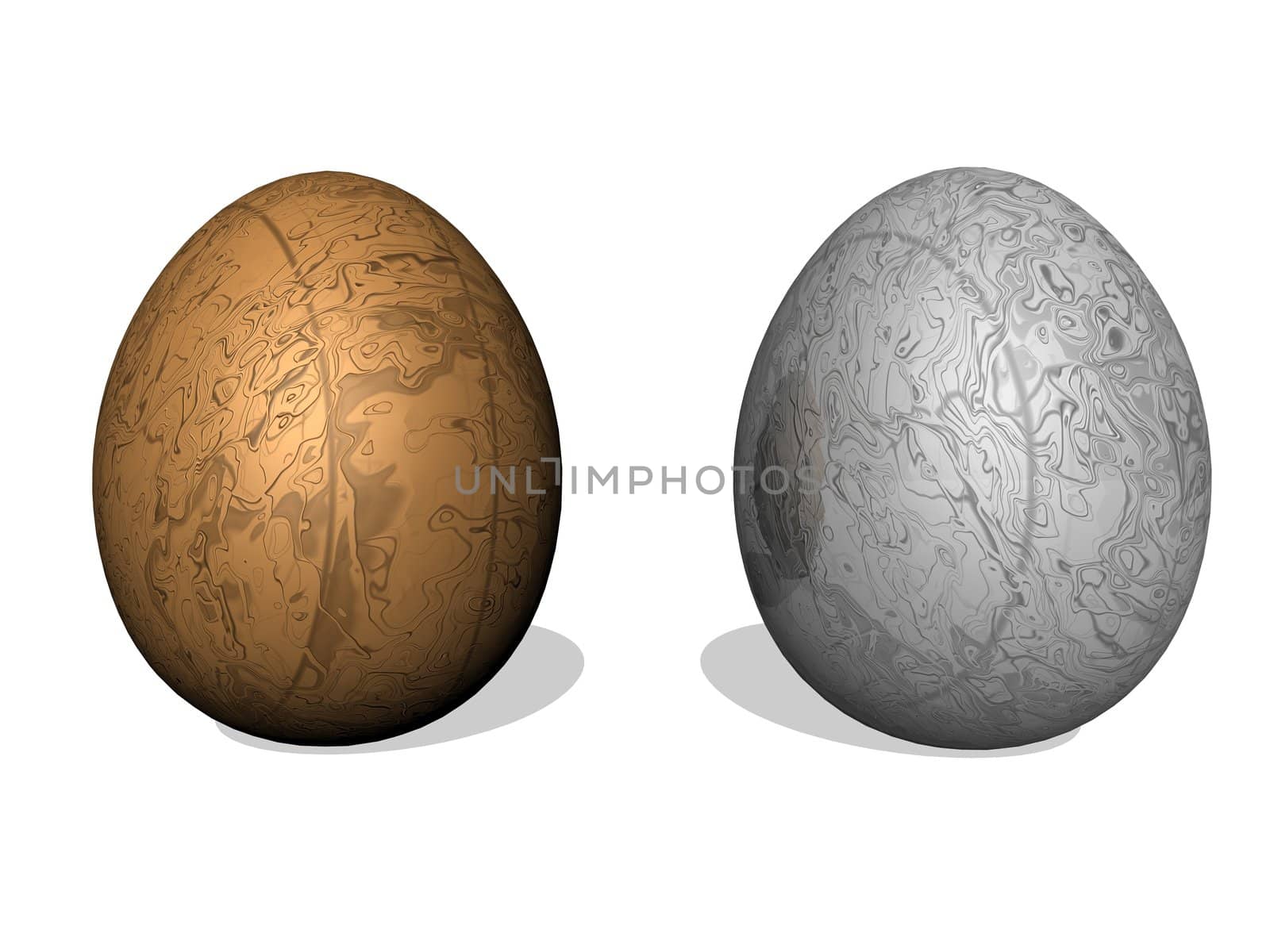 One golden and one silver easter eggs with their shadows in white background
