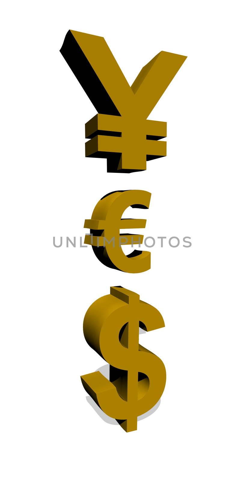 Vertically aligned symbols for yen, euro and dollar currencies in white background