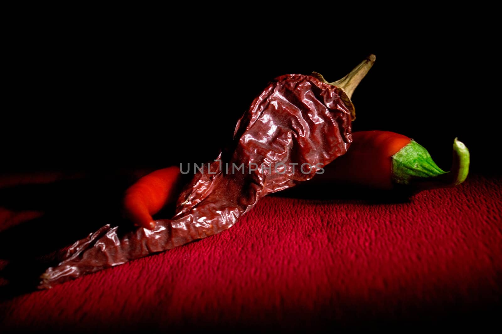 Red chili pepper on red background