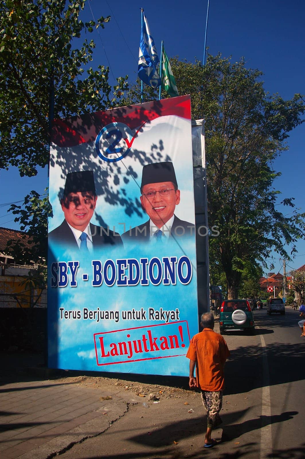 A large billboard of the incumbent President of Indonesia and his running mate, on election day. Denpasar, Bali, Indonesia. July 8, 2009.