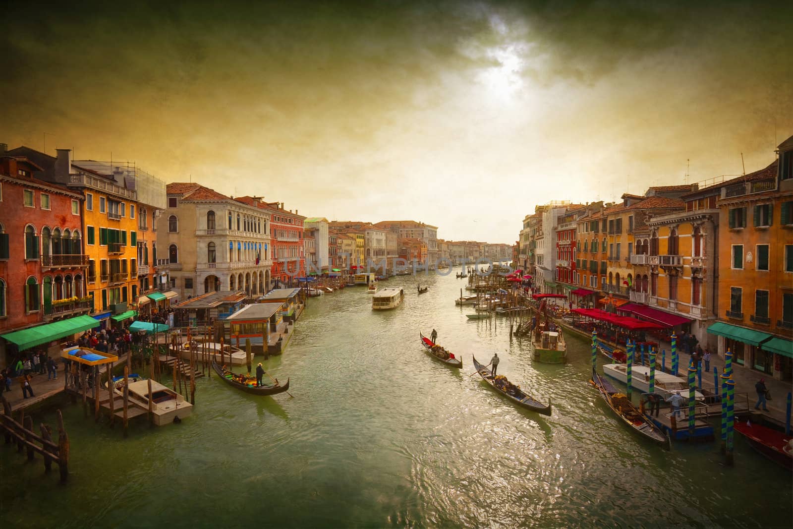 Boats and gondolas on the Grand Canal of Venice, Italy.Tinting, artistic processing.