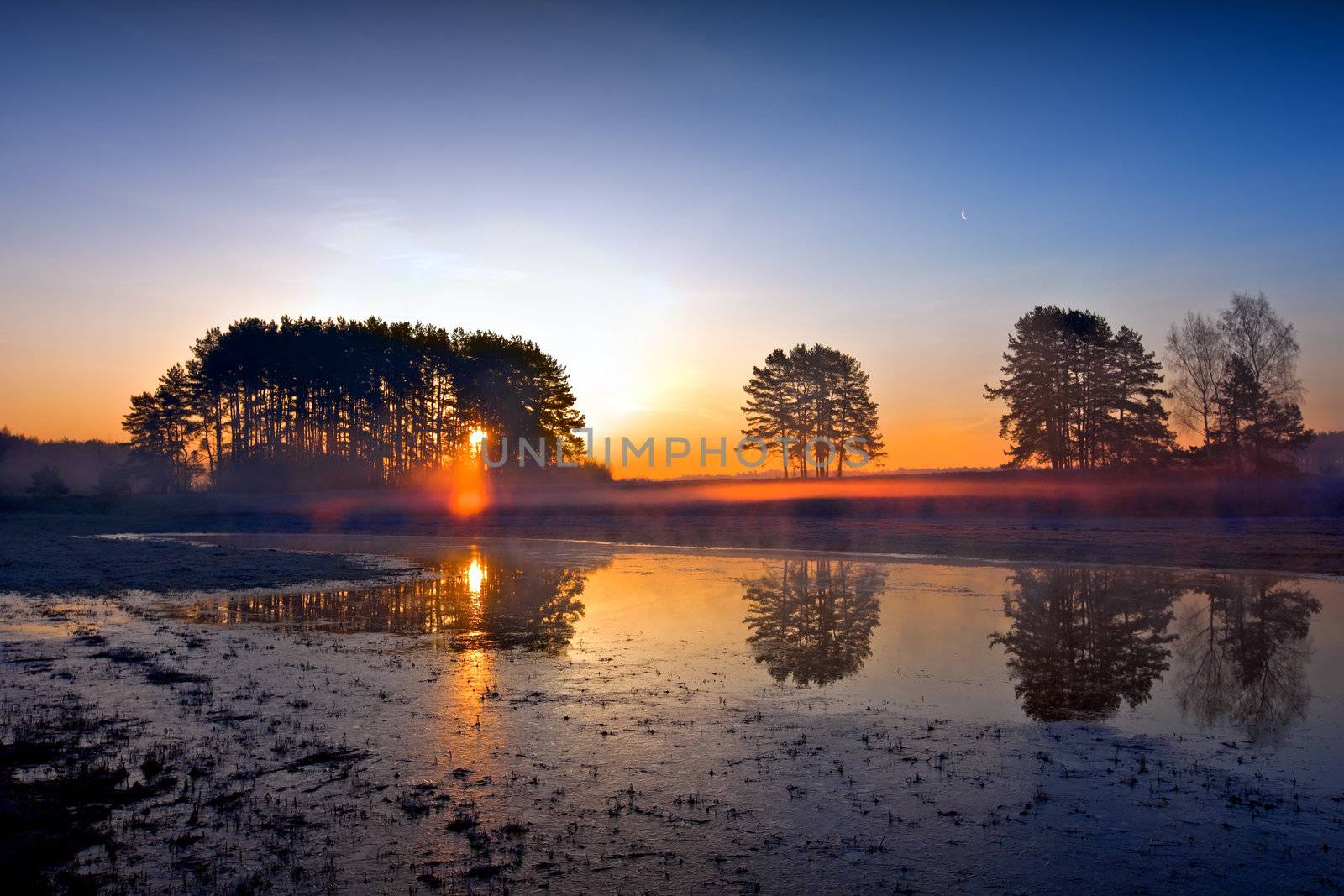 Spring landscape on a background beautiful sunrise.