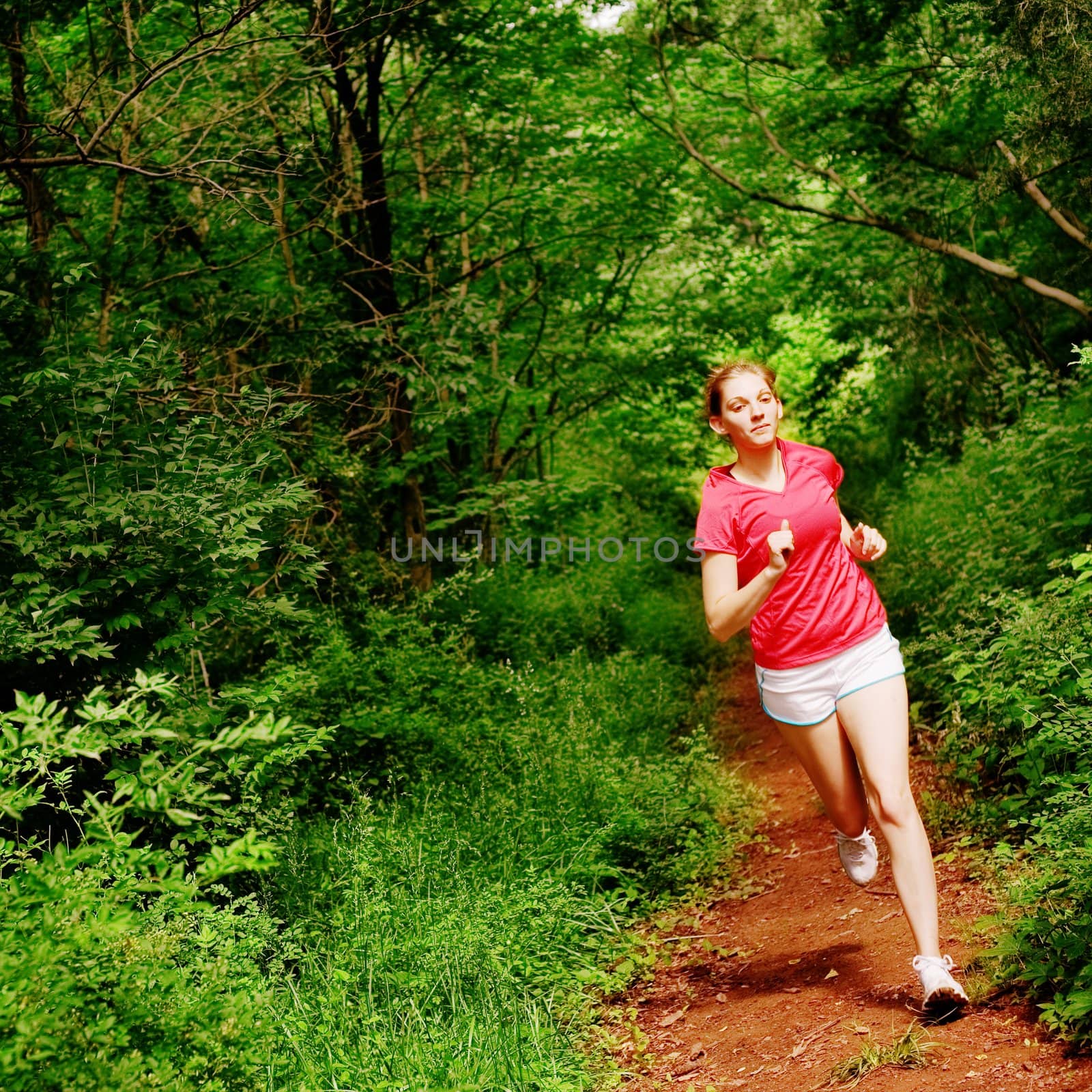 Woman In Red Running by cardmaverick