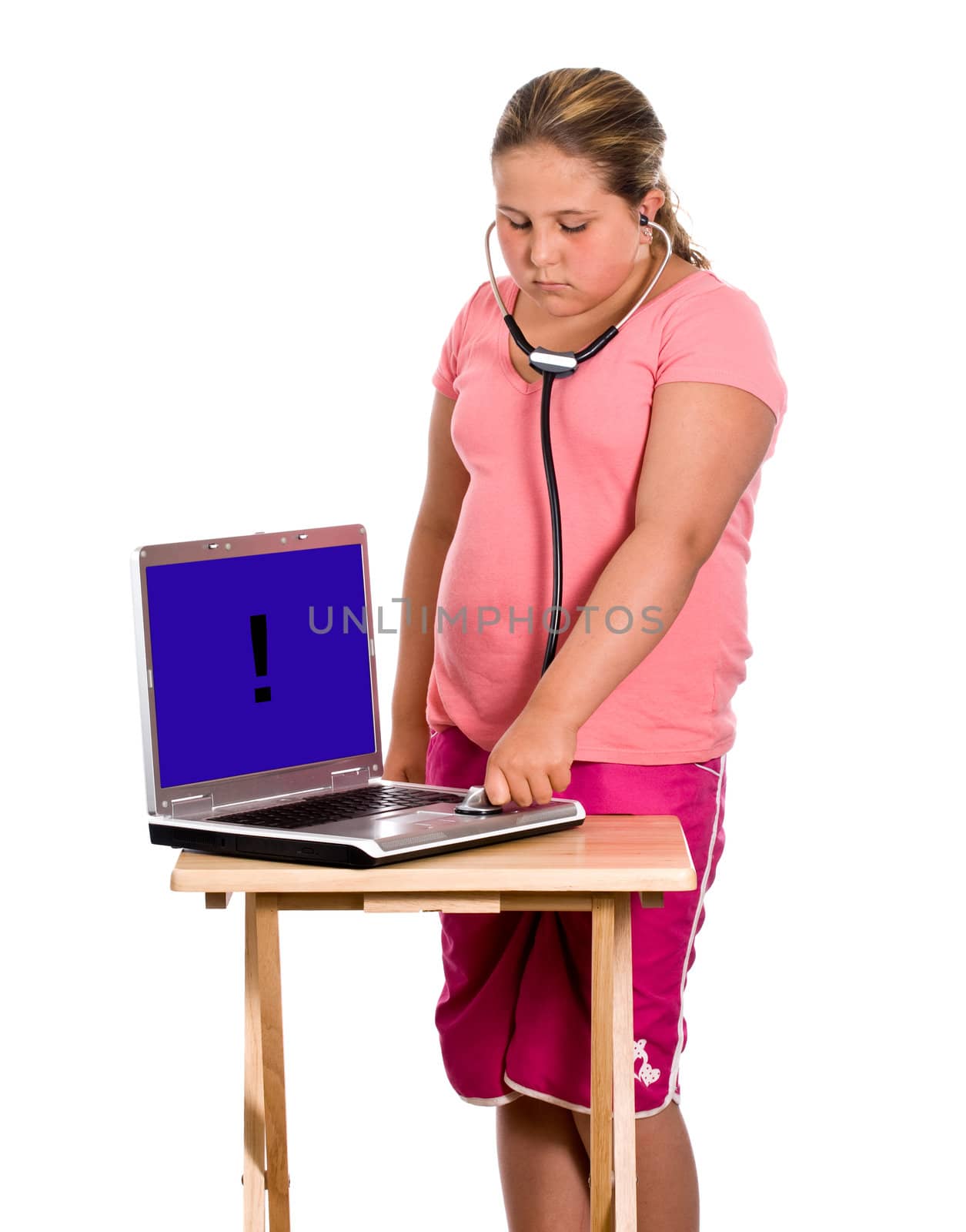 A young girl trying to diagnose a computer with a virus, by using a stethoscope, isolated against a white background