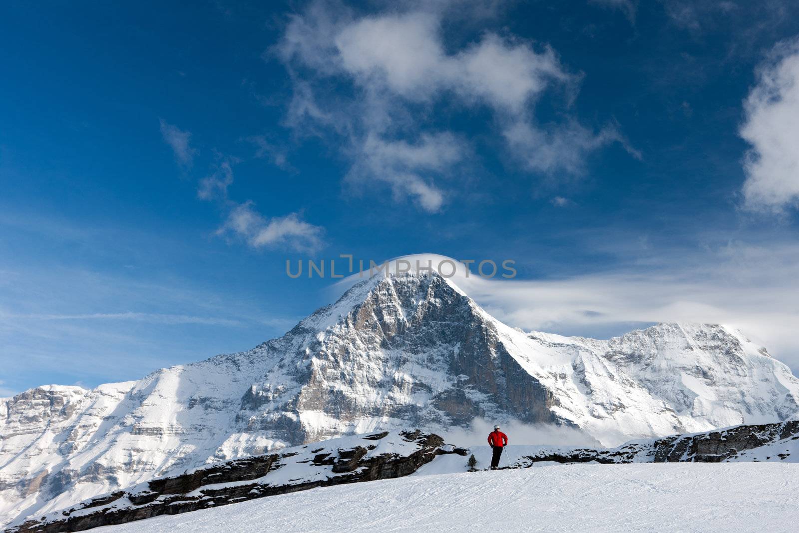 Ski slope in the background of Mount Eiger. The Eiger is a mountain in the Bernese Alps in Switzerland.