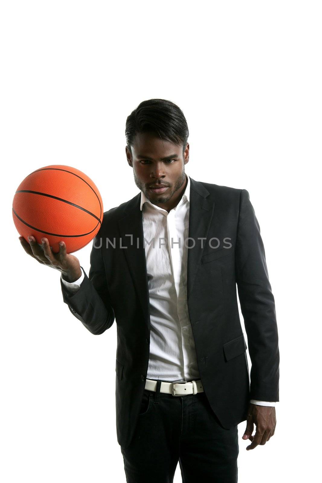 African american young businessman basketball ball in white studio