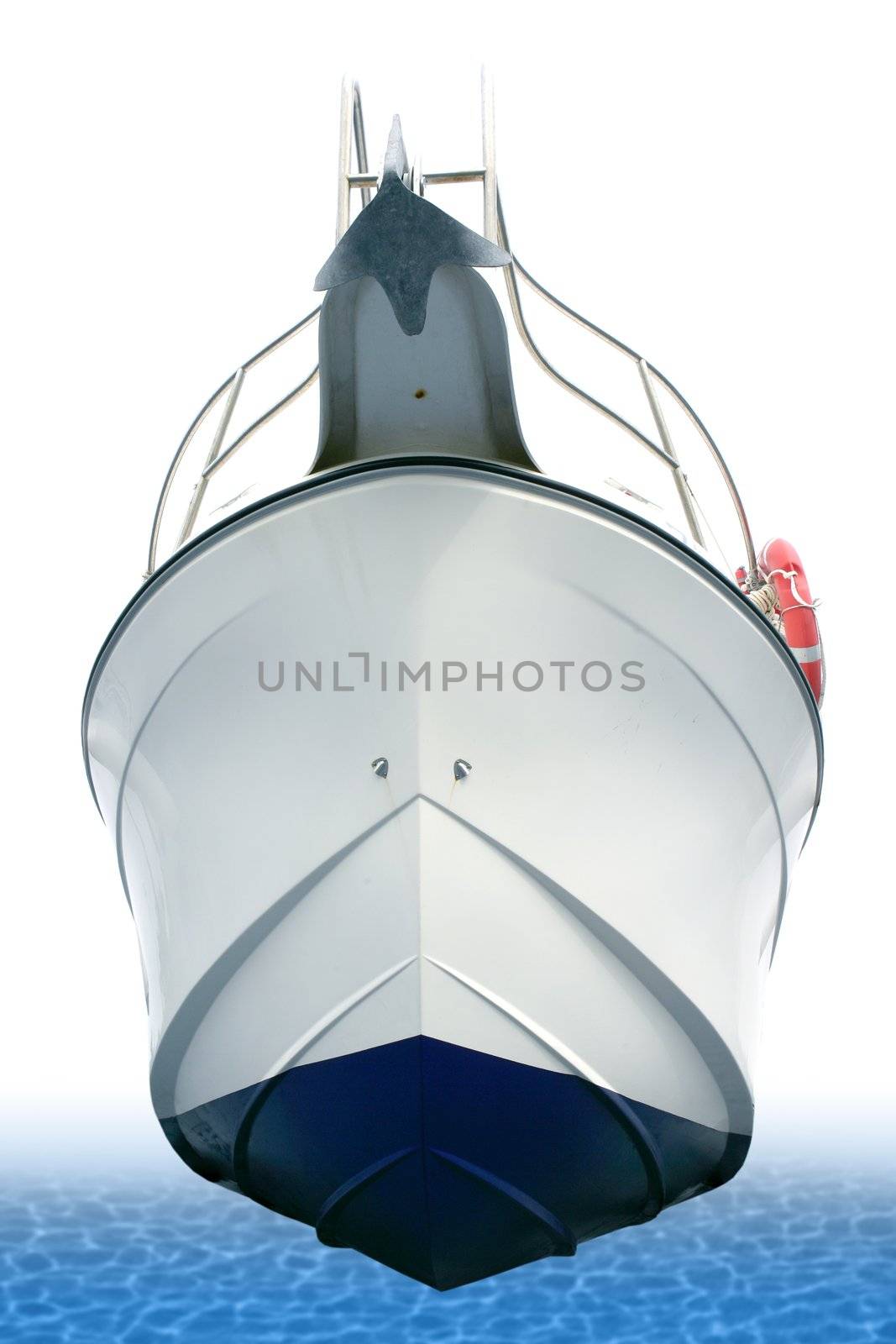 Beached white sport motor boat hull view from down isolated over white