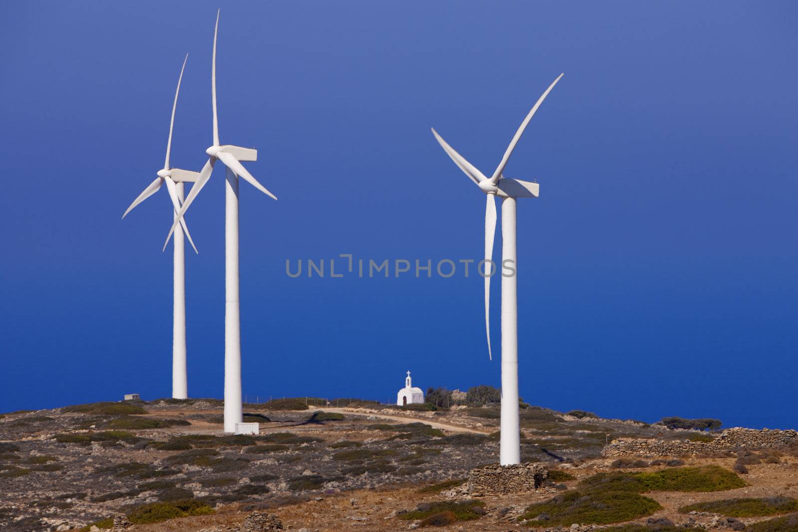Mountain landscape. Windmills. Crete. Greece.