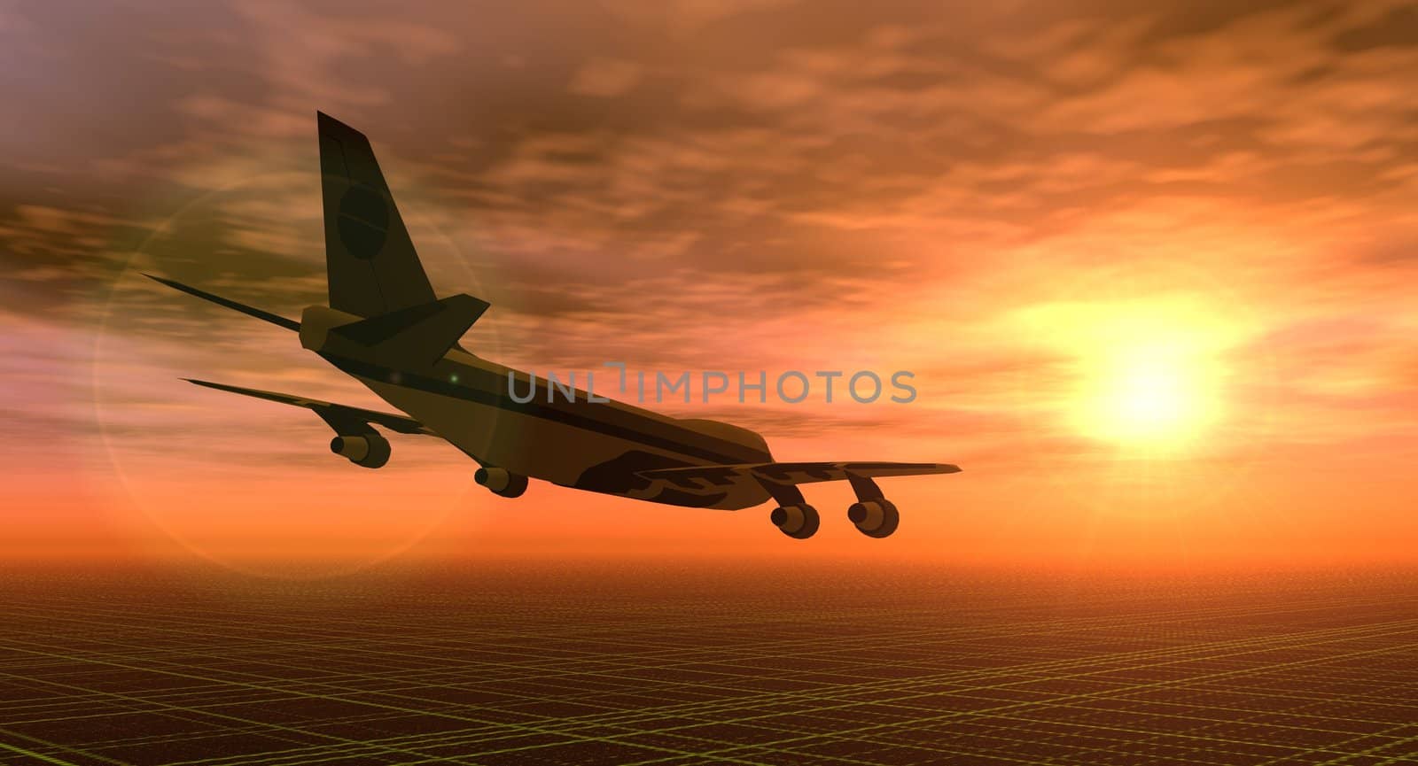 illustration of an aeroplane flying in a sunset sky