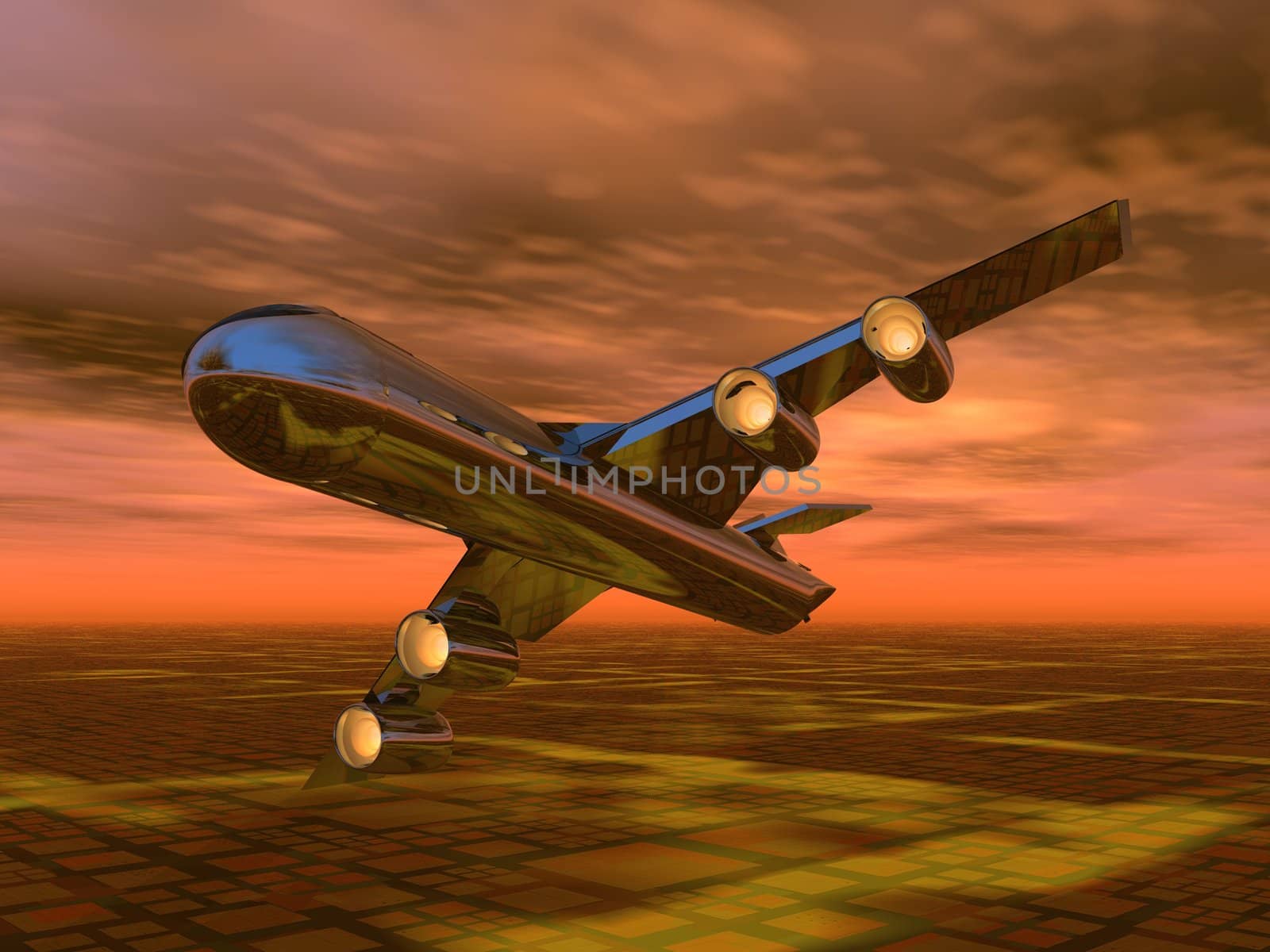 illustration of an aeroplane flying in a sunset sky