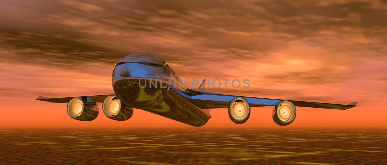 illustration of an aeroplane flying in a sunset sky