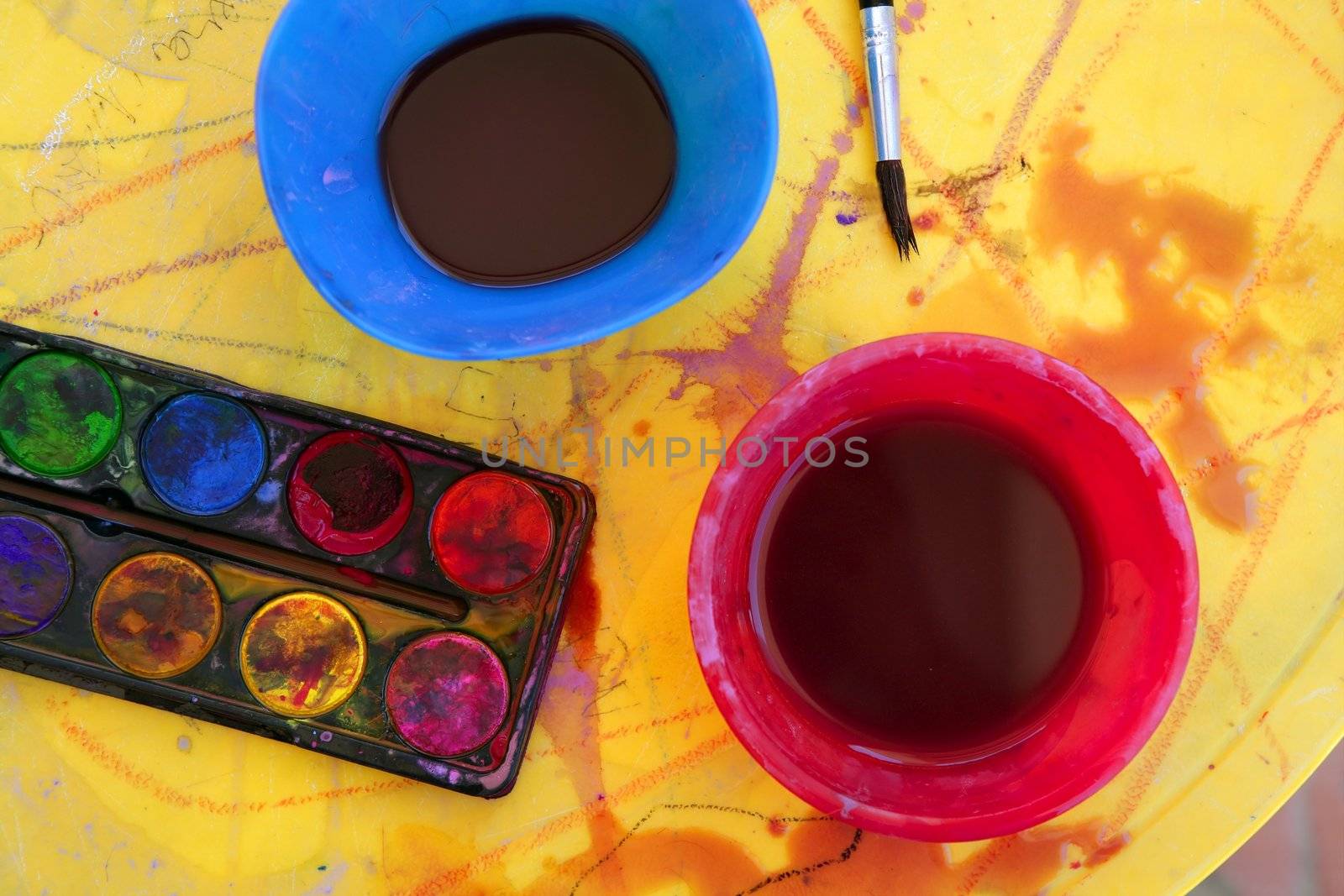 Children messy dirty student watercolor table in vivid colors