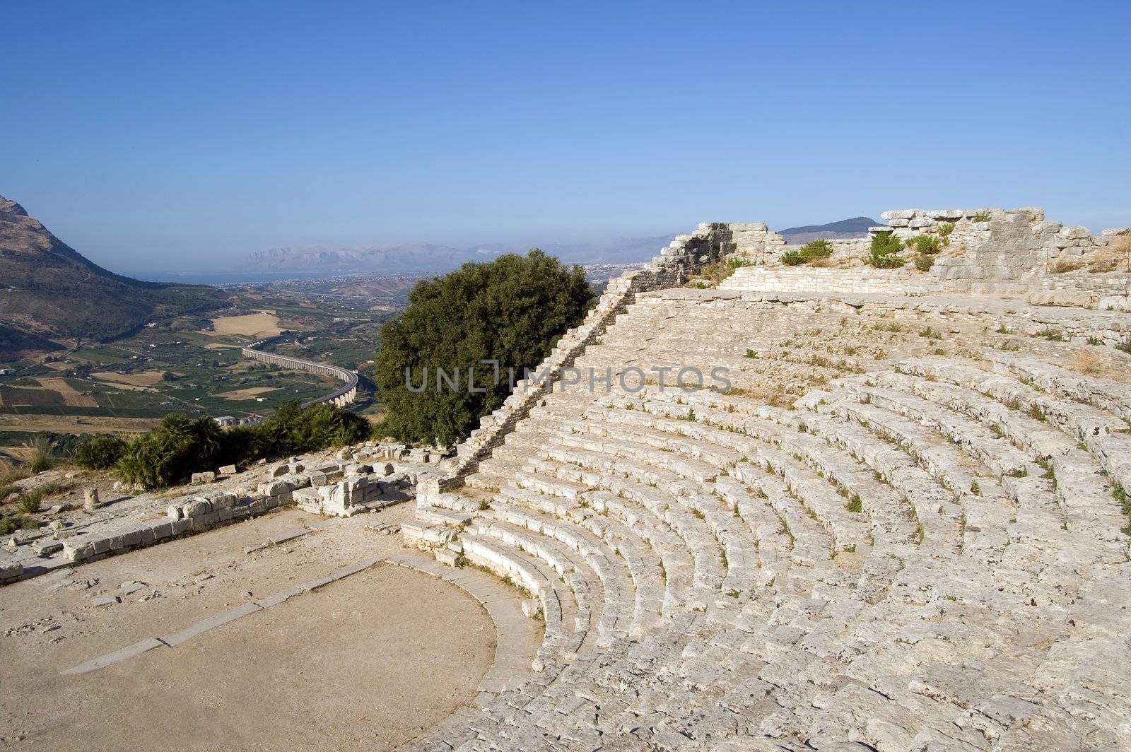 The Theater of Segesta (3th century BC) dominates the valley; Sicily, Italy