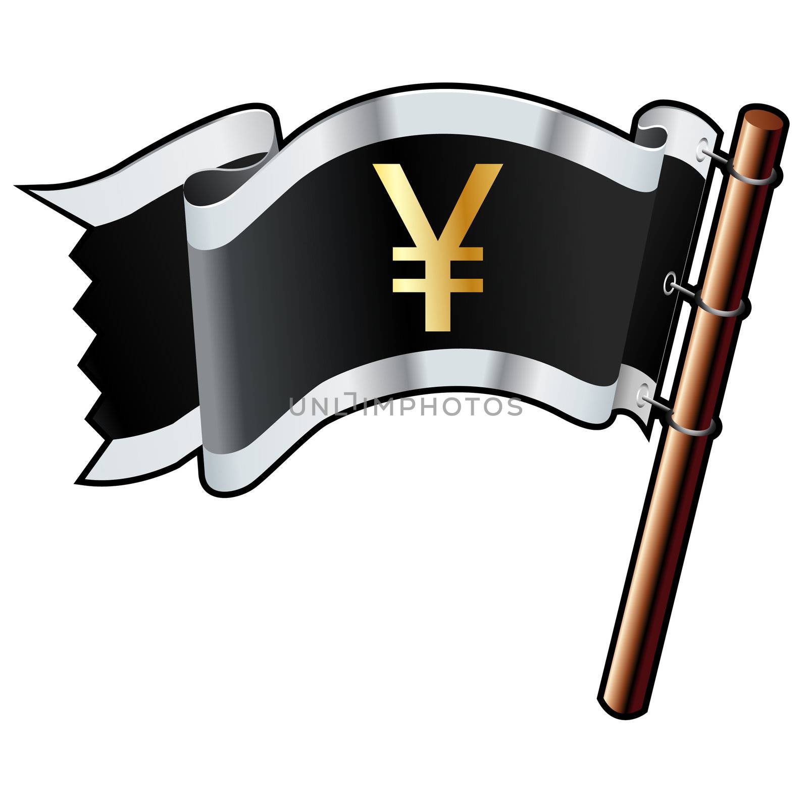 Japanese yen currency symbol on black, silver, and gold vector flag good for use on websites, in print, or on promotional materials