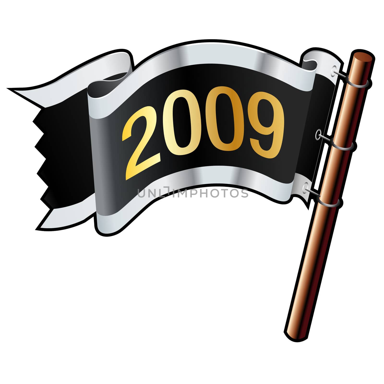 2009 year calendar icon on black, silver, and gold vector flag good for use on websites, in print, or on promotional materials