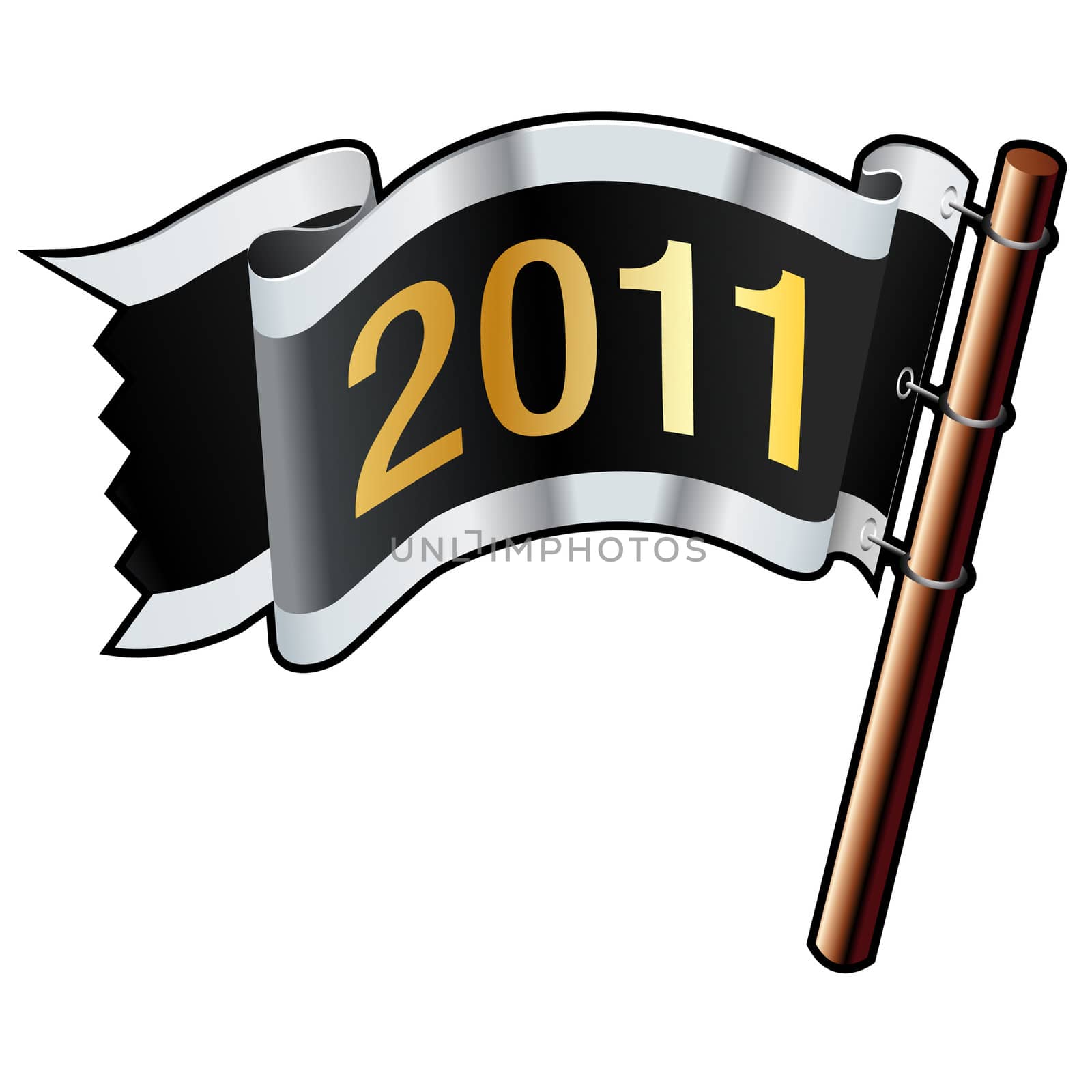 2011 year calendar icon on black, silver, and gold vector flag good for use on websites, in print, or on promotional materials