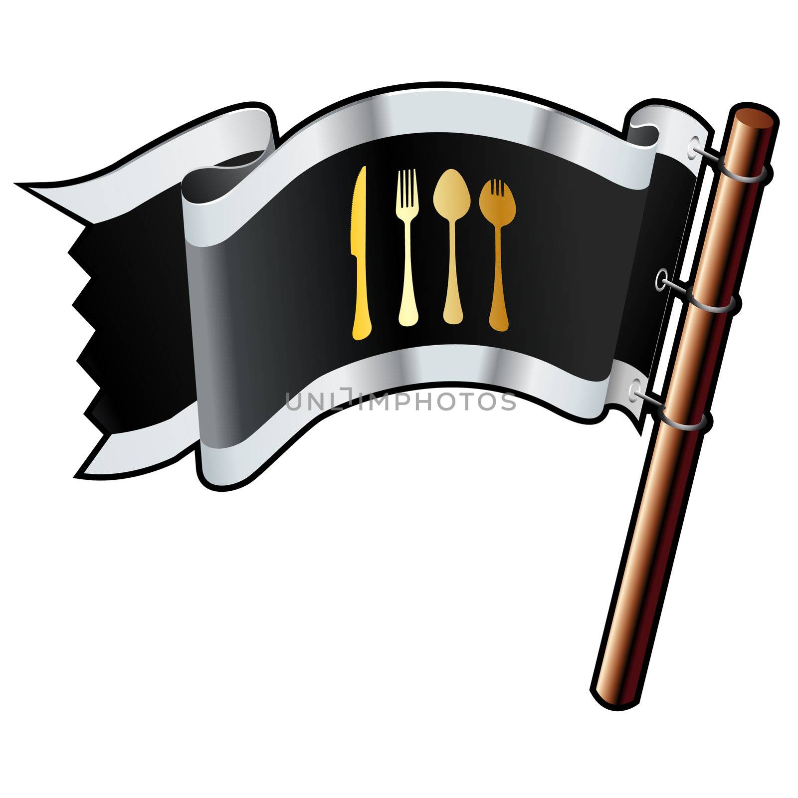 Eating utensils icon on black, silver, and gold vector flag good for use on websites, in print, or on promotional materials